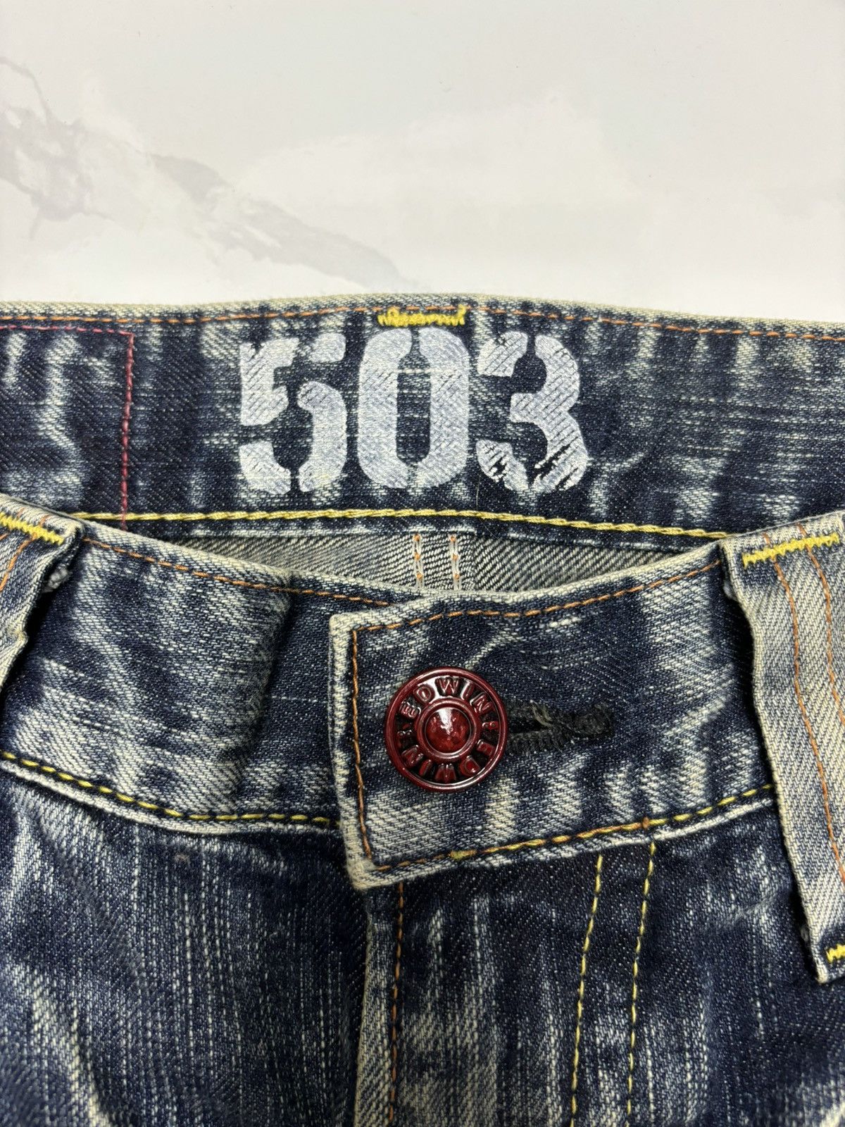Le Grande Bleu (L.G.B.) 🔥EDWIN 503 BLUE TRIP FLARE RUSTY GRUNGE DENIM JEANS Size 31" - 9 Thumbnail