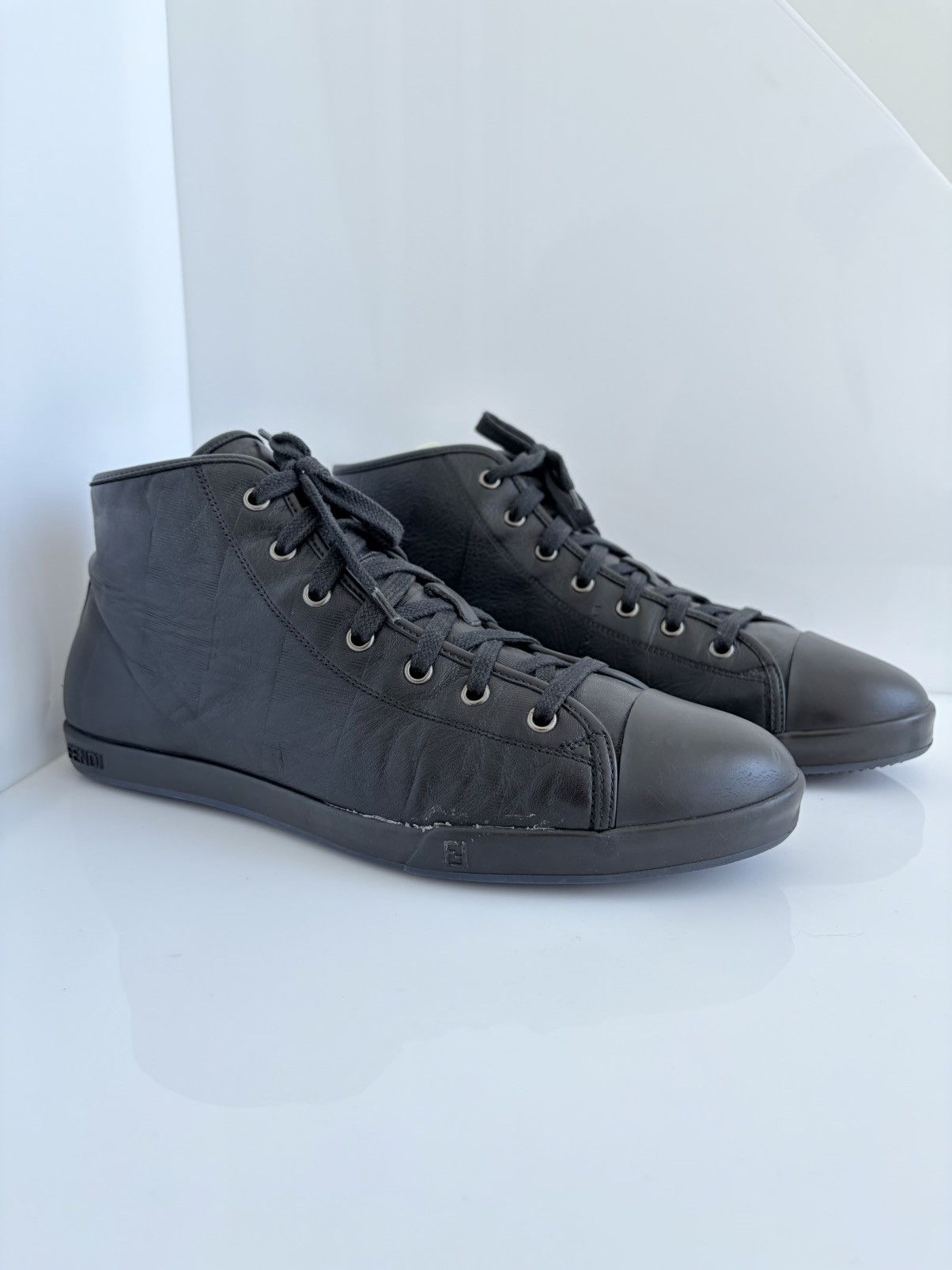 Fendi Fendi FF Black Leather High-Top Sneakers Shoes US8 EU41 Size US 8 / EU 41 - 2 Thumbnail