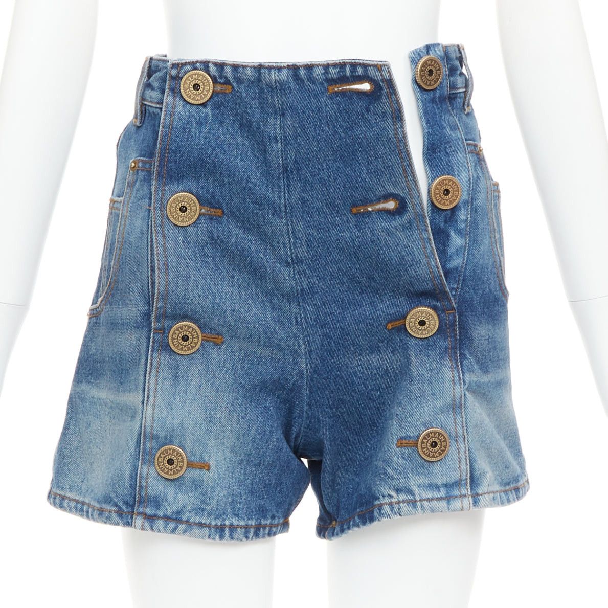 Balmain BALMAIN blue washed bronze logo buttons high waisted denim shorts FR34 XS Size 26" / US 2 / IT 38 - 1 Thumbnail