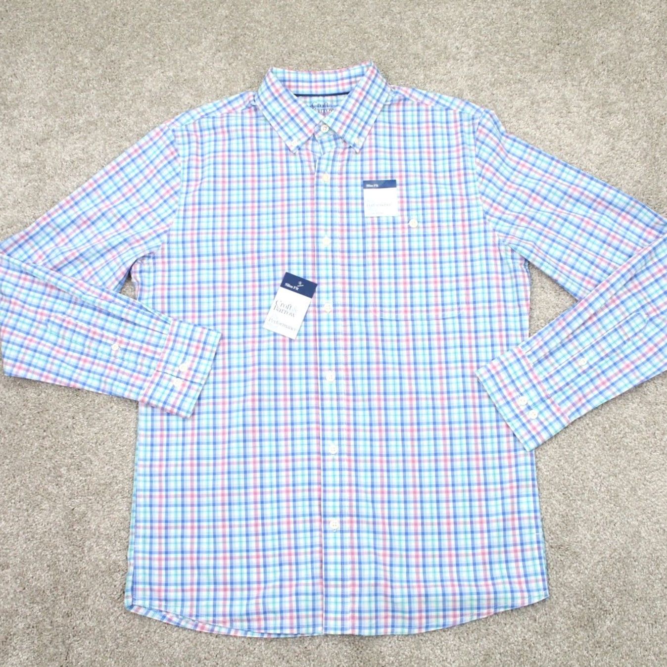 Croft & Barrow Croft & Barrow Shirt Mens Small Blue/Pink Slim Fit Long Sleeve Button-Up Shirt Size US S / EU 44-46 / 1 - 2 Thumbnail