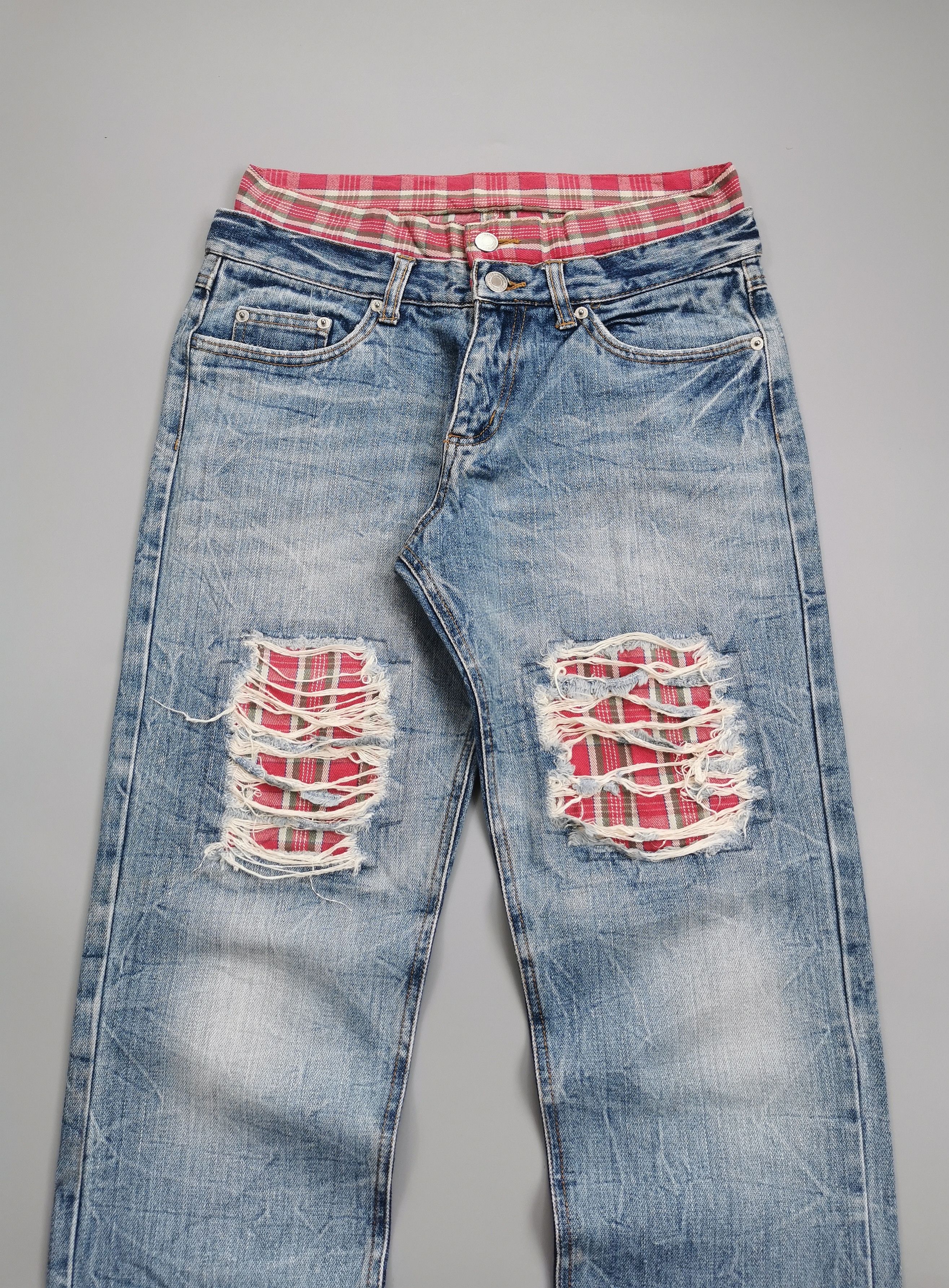 Hysteric Glamour Japan Brand Double Waist Plaid Patch Distressed Denim Jeans Size US 28 / EU 44 - 5 Thumbnail
