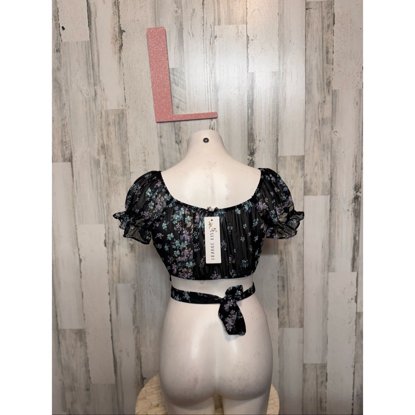 Other Love Tree Floral Puff Sleeve Wrap Crop Top Black Multi Size Size L / US 10 / IT 46 - 2 Thumbnail