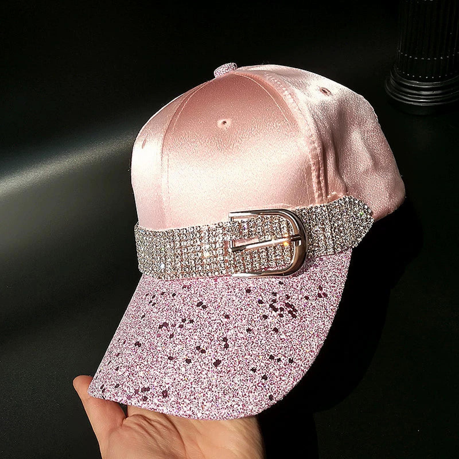 Jewelry Pink Satin Glitter Baseball Cap with Rhinestone Belt Size ONE SIZE - 1 Thumbnail