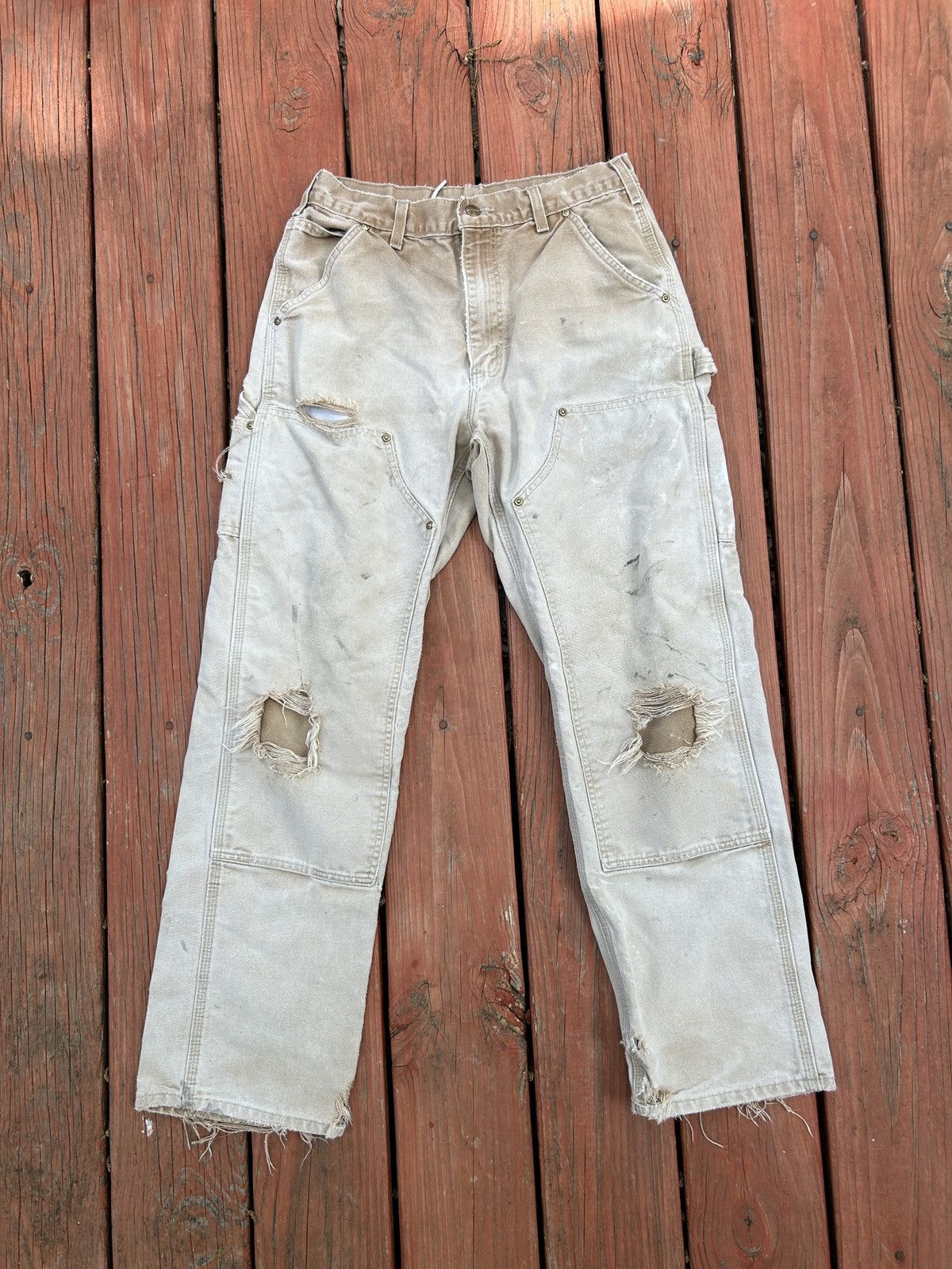 image of Carhartt Double Knee Pants Distressed Faded in Cream, Men's (Size 30)