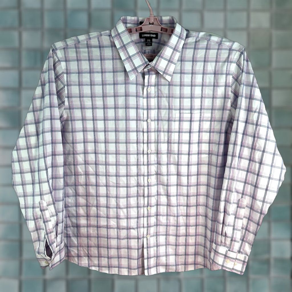 Lands' End Lands' End Button-Up Shirt Men XL Blue Red White Check Long Sleeve Casual Travel Workwear Regular Size US XL / EU 56 / 4 - 1 Thumbnail