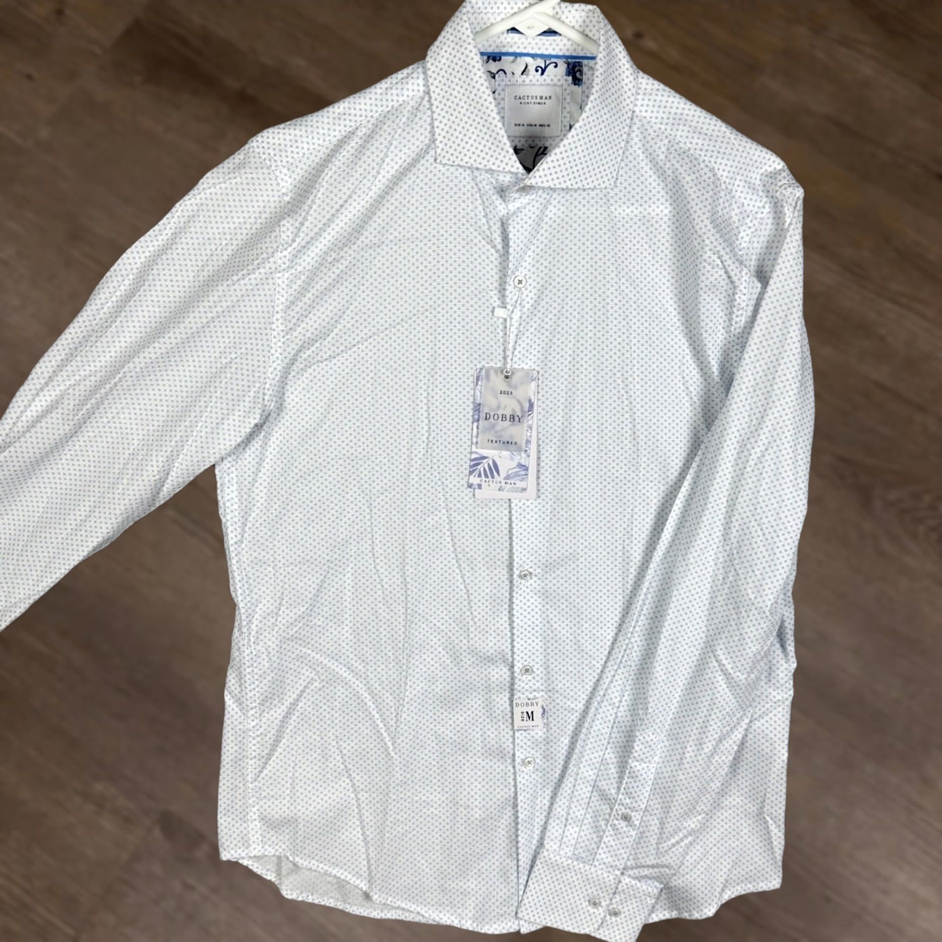 Vintage Cactus Man Shirt Men Medium White Blue Geometric Dobby Button Up Long Sleeve Size US M / EU 48-50 / 2 - 1 Thumbnail