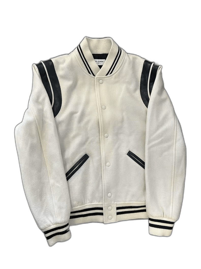 Saint Laurent Paris Saint Laurent White Wool Leather Varsity Jacket- Size US XL / EU 56 / 4 - 1 Thumbnail