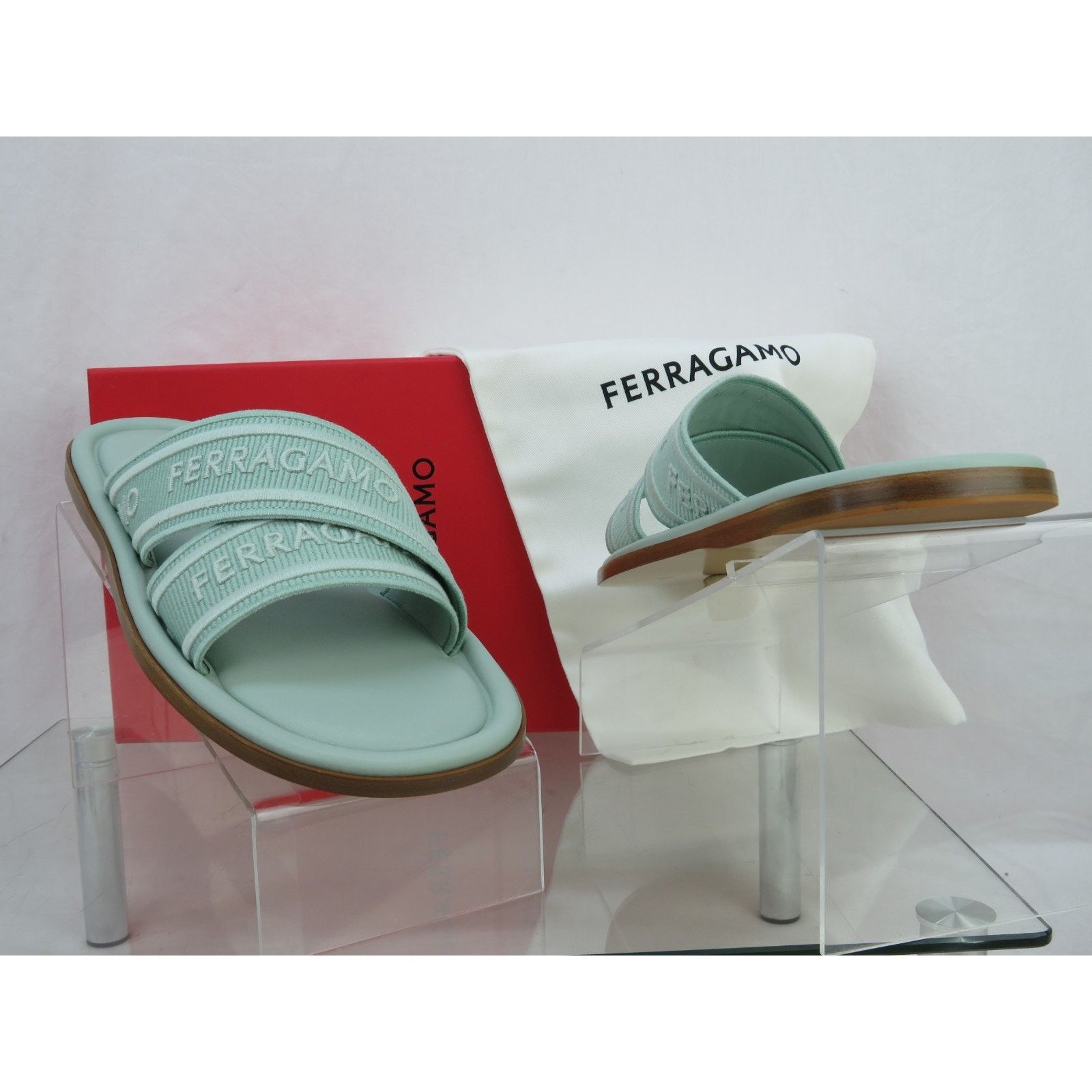 Salvatore Ferragamo FERRAGAMO LAURENE LIGHT GREEN LOGO FLATS SANDALS SLIDES 9 C Size US 9 / IT 39 - 8 Thumbnail