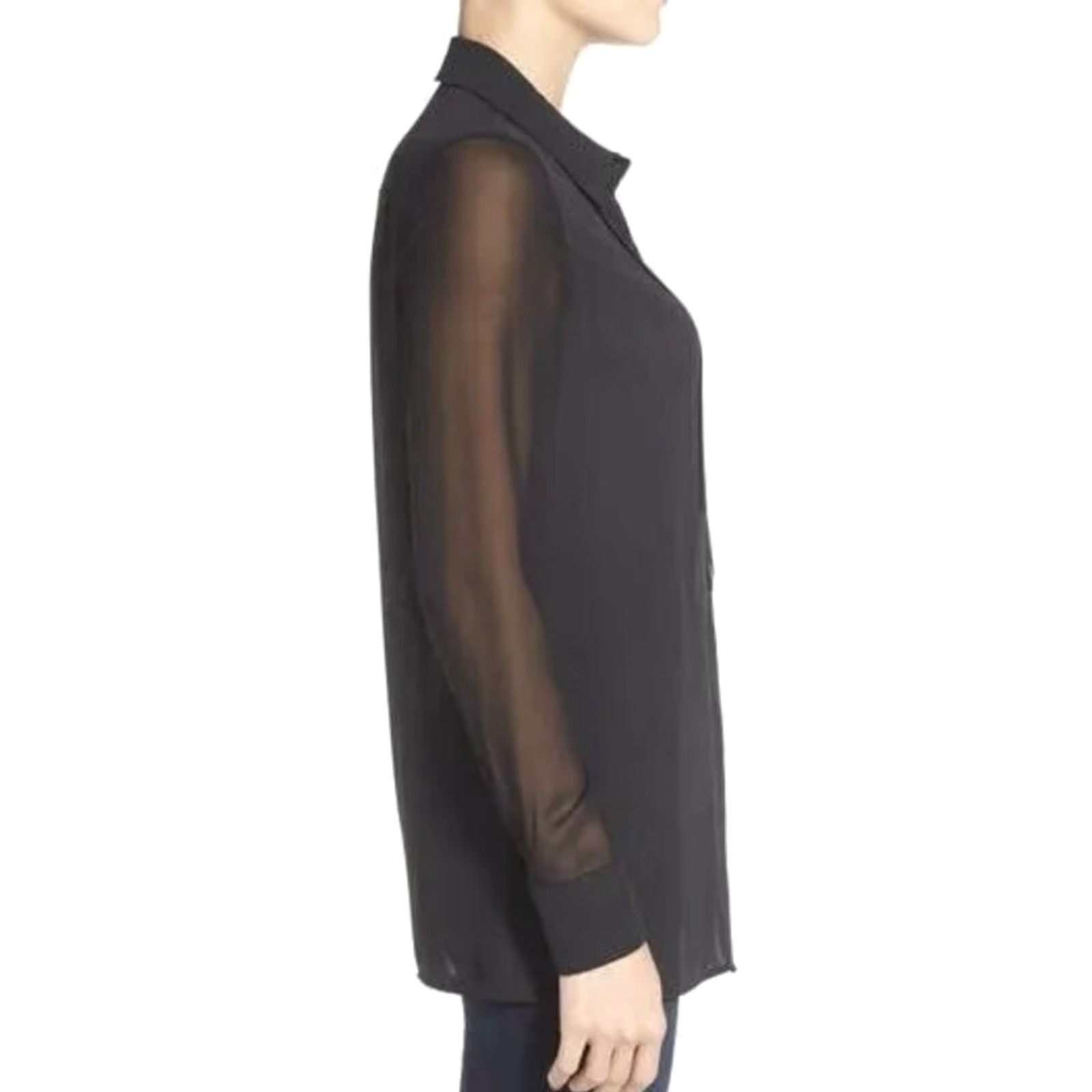 Vince Vince Tux Tuxedo Pleated Blouse Black Semi Sheer Top Designer Button Down 2 Blouse Women Long Sleeve Button-Down Collar Pattern Solid Tunic Sheer Size XS / US 0-2 / IT 36-38 - 3 Thumbnail