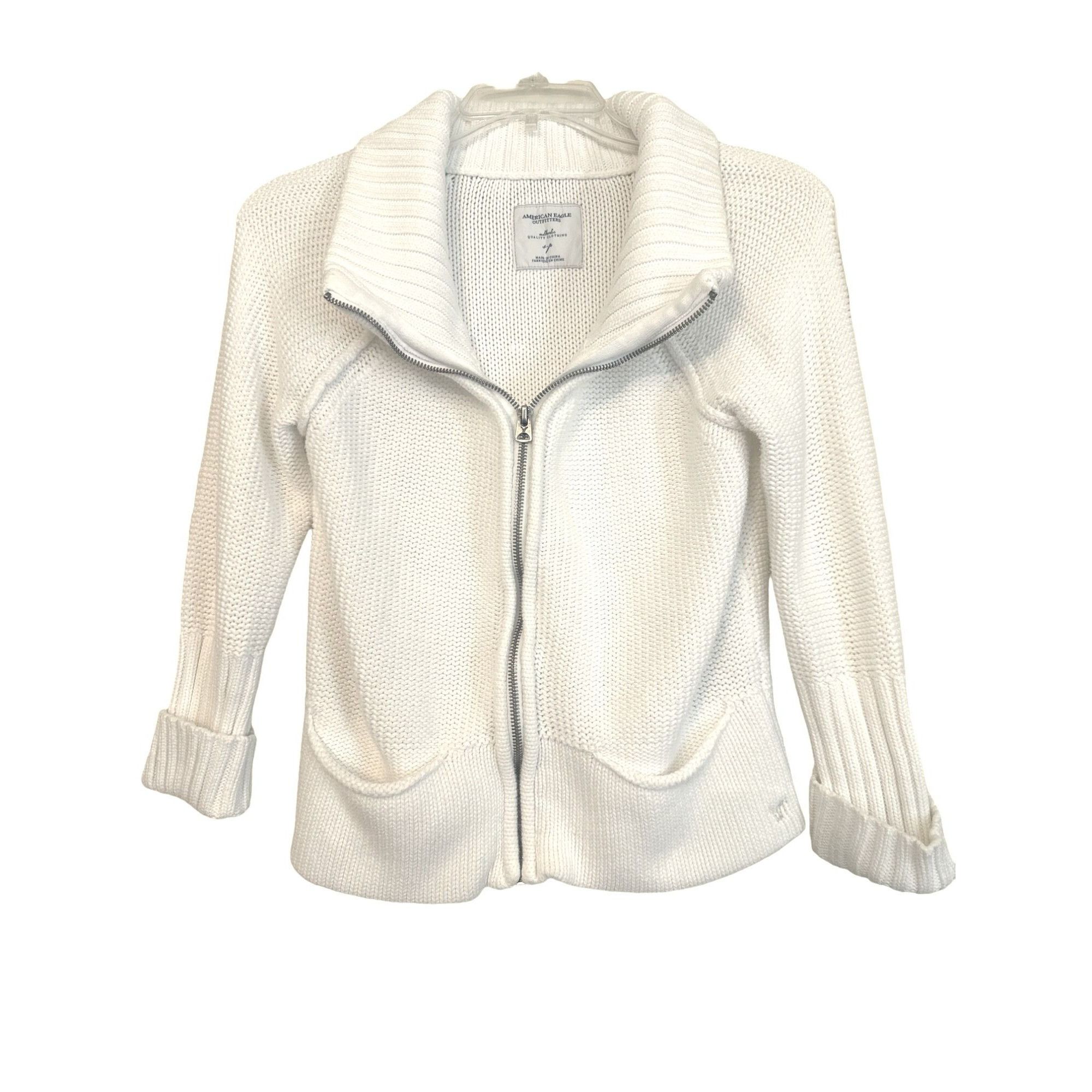 American Eagle Outfitters American Eagle Outfitters White Cotton Knit Zip Sweater With Size S / US 4 / IT 40 - 9 Thumbnail