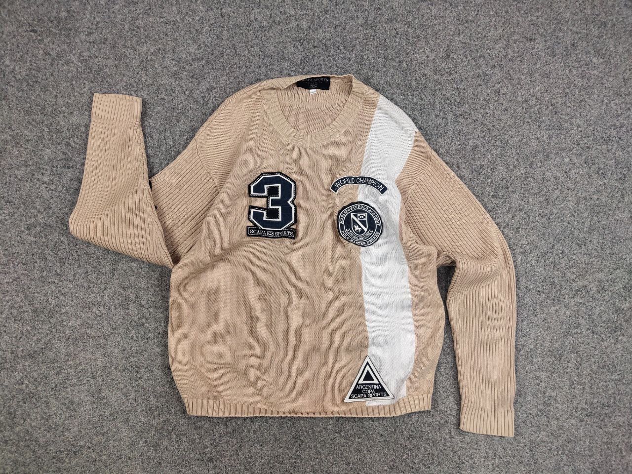 Japanese Brand Vintage 90's Polo Skarpa Sports Knit beige Patchwork Sweater Size US L / EU 52-54 / 3 - 14 Thumbnail
