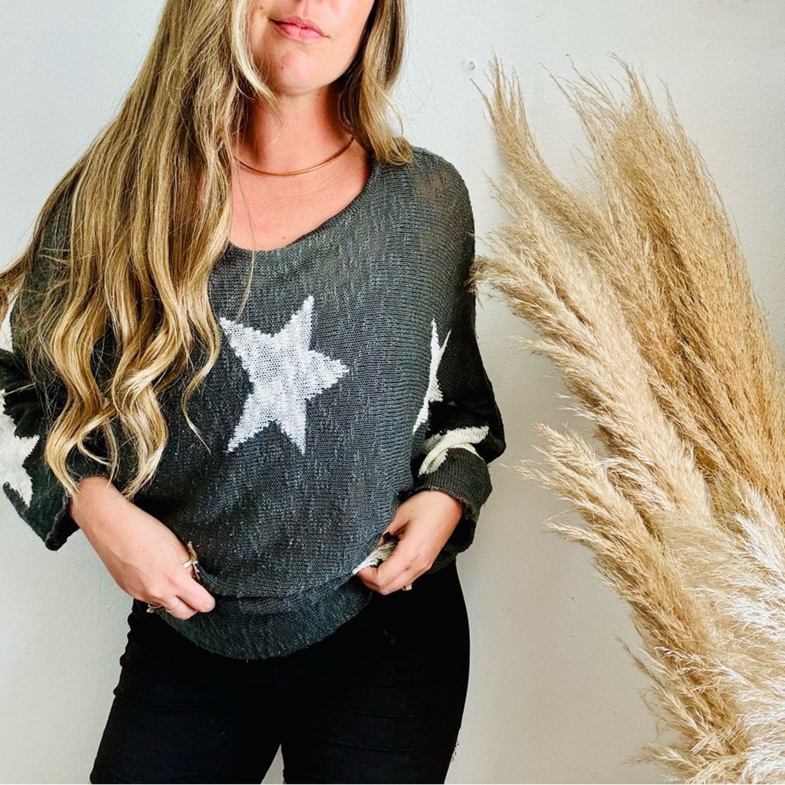 Nordstrom WISHLIST Grey Gray White Stars Bold Chunky Pullover Sweater Size M / US 6-8 / IT 42-44 - 7 Thumbnail