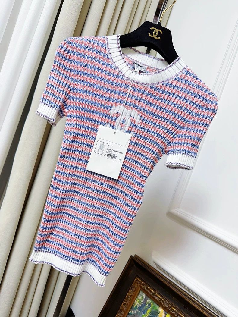 Chanel Chanel 20p pink blue striped white logo short-sleeved knit Size XXS / US 00 / IT 34 - 1 Thumbnail