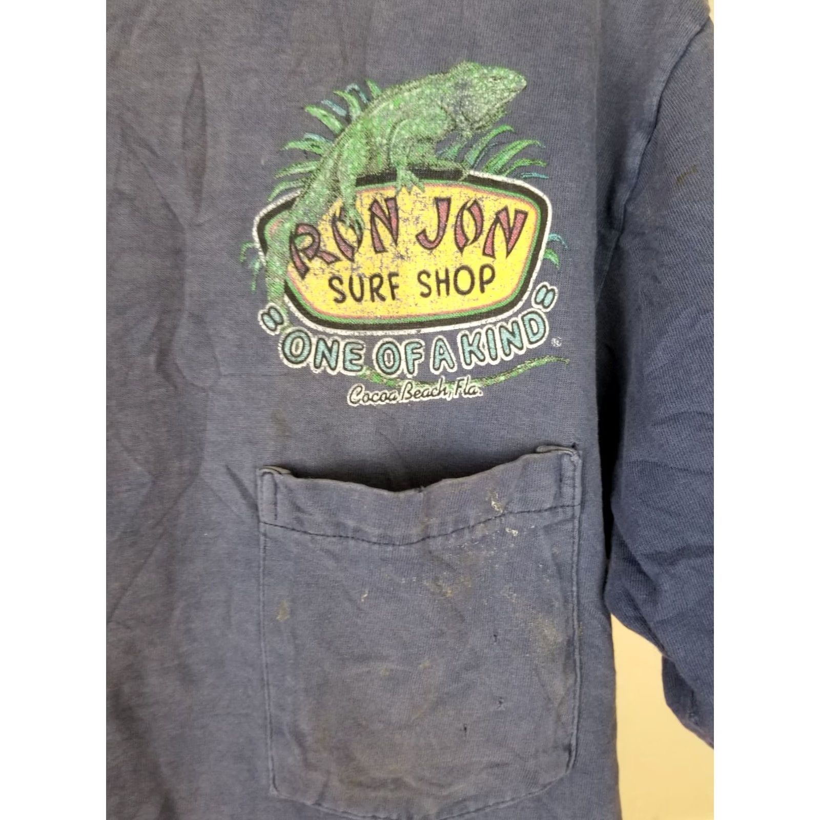 Ron Jon Surf Shop VINTAGE 90's Ron Jon Surf T-Shirt Gradient Sun Faded Trashed One Pocket Large Mens Blue Size US L / EU 52-54 / 3 - 4 Thumbnail
