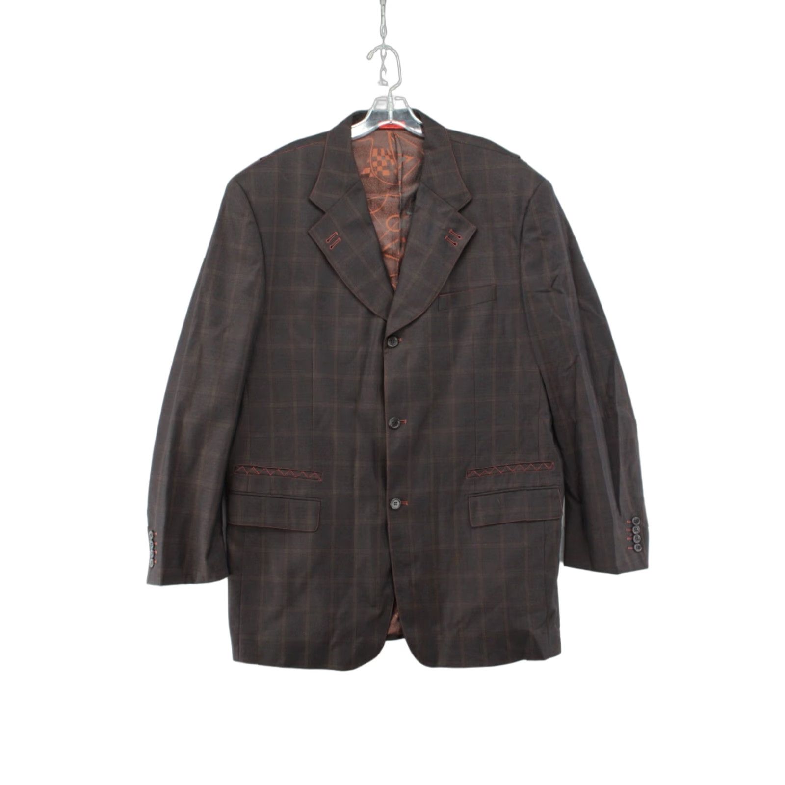 T Fusion Blazer Mens 46L Brown Windowpane Plaid 3 Button Double Vented Preppy Blazer