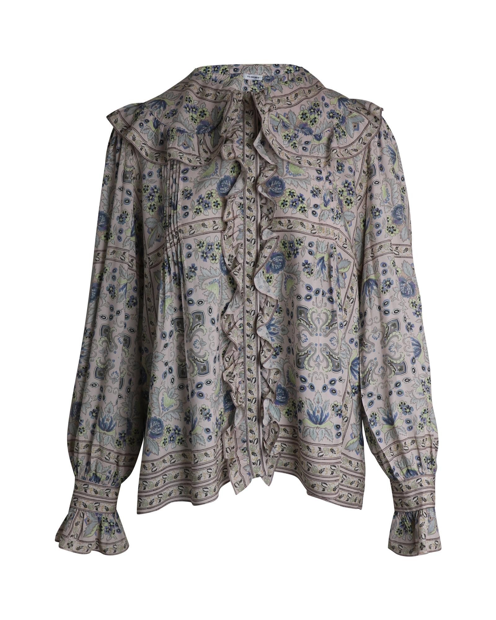 image of Vilshenko Silk Ruffled Floral Top With Multicolor Print, Women's (Size Medium)