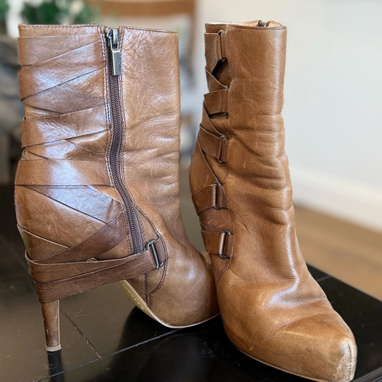 Other Boutique 9 Tan Leather Heeled Boots Size US 7.5 / IT 37.5 - 3 Thumbnail
