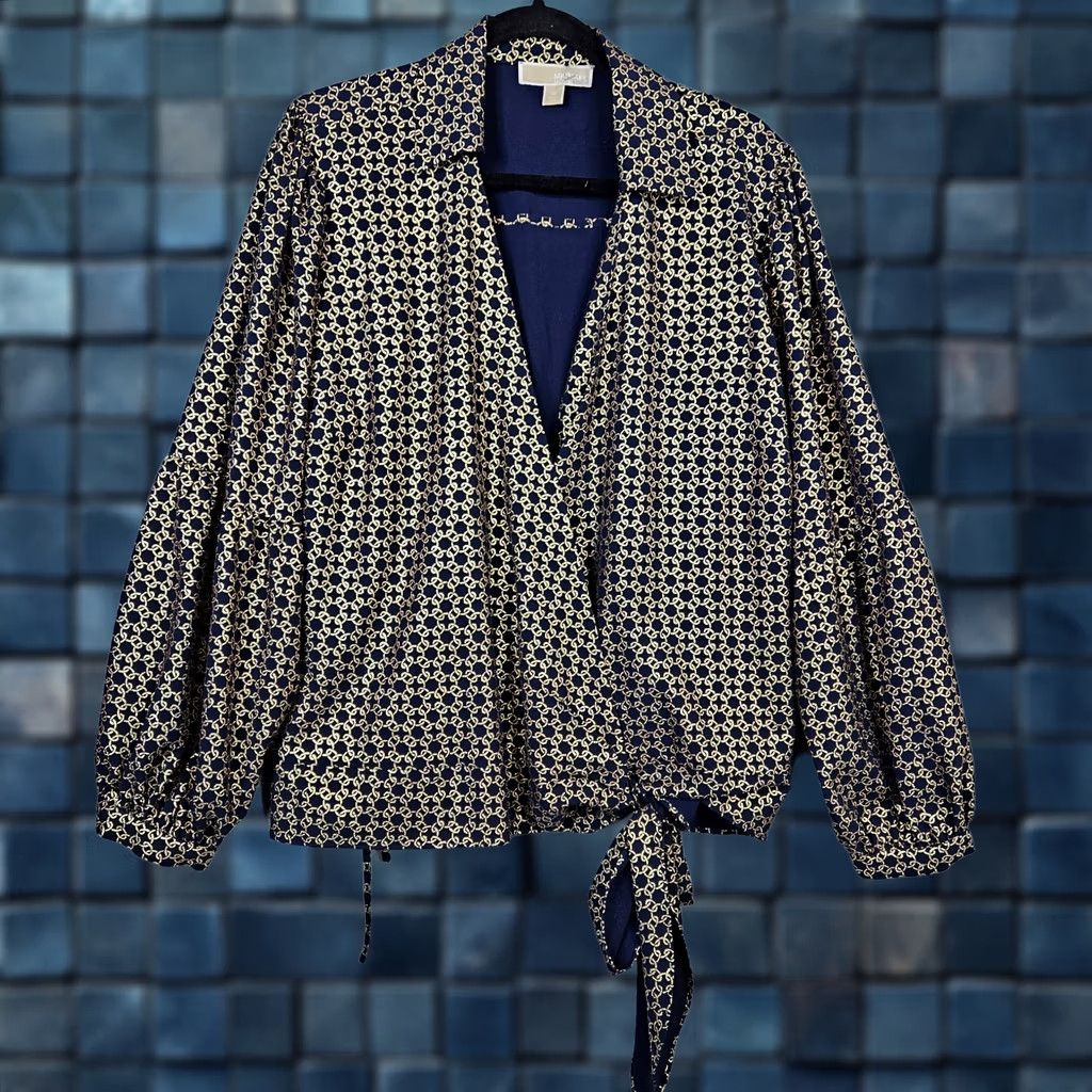 Michael Kors Michael Kors Women's Metallic Chian-Print Wrap Long Sleeve Blouse 1X Multicolor Pattern Sn/Blouse Mens? Size XL / US 12-14 / IT 48-50 - 1 Thumbnail