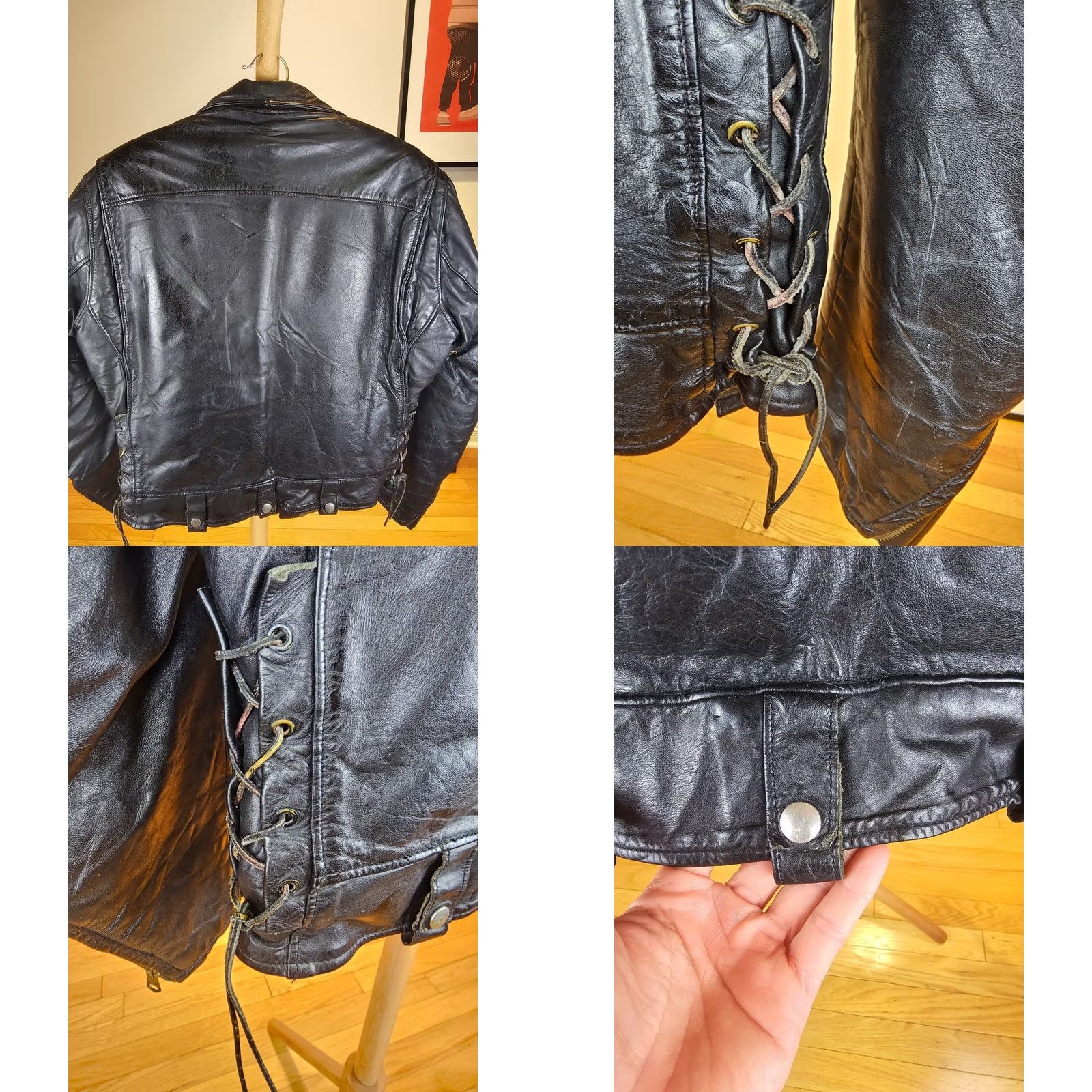Golden Bear VINTAGE GOLDEN BEAR SHERPA SHEEPSKIN LINING MOTORCYCLE LEATHER JACKET SZ 40 BLACK Mens Jacket 60's Cross Shoulder 19in Cross Chest 23in Size US XXS / EU 40 - 9 Thumbnail