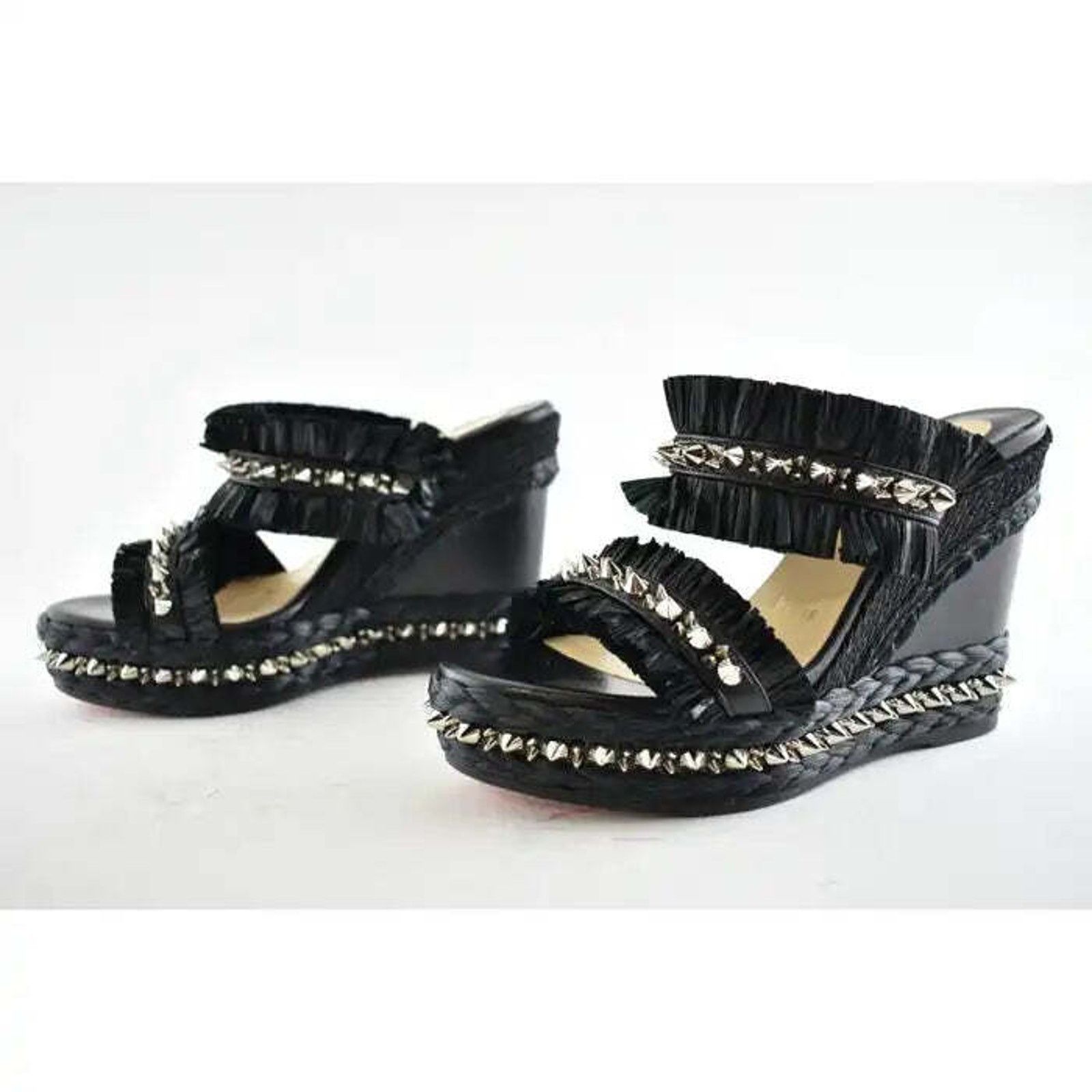 Christian Louboutin Voltinoudou 110 Black Raffia Wedge Slide Mule Sandal Heel 36 Size US 6 / IT 36 - 10 Thumbnail