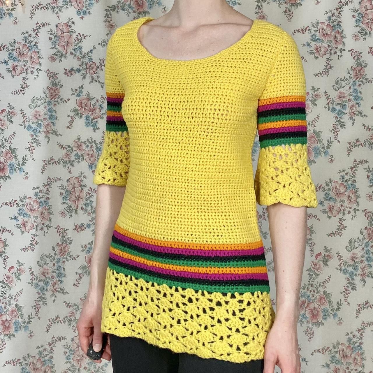 Handmade × Vintage 70s sunshine yellow striped tunic sweater Size M / US 6-8 / IT 42-44 - 1 Thumbnail