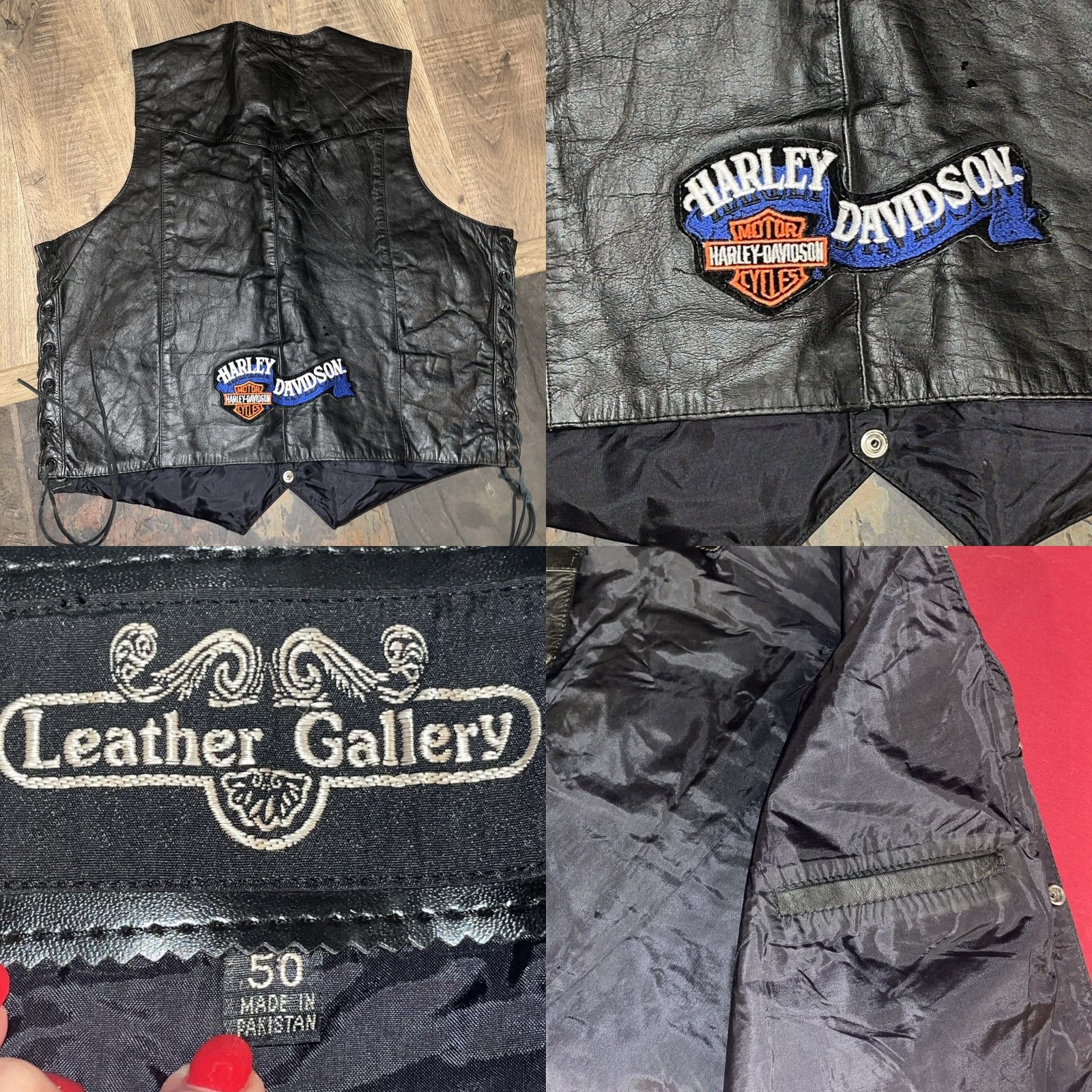 Harley Davidson Harley-Davidson BLACK Leather BIKER VEST 2XL Size 50 Snaps Lace Up Nylon Lined Mens Vest Side Lacing Pockets HD Patch Back Vintage Size US XXL / EU 58 / 5 - 10 Thumbnail
