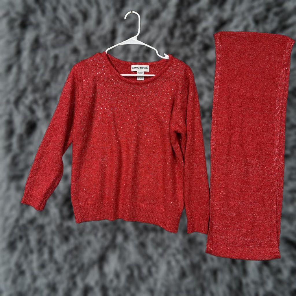 Vintage VTG Cathy Daniels Sweater Womens L Red Glitter Knit Scarf Set Holiday Chic 90s Vintage 90s Gothic Size L / US 10 / IT 46 - 1 Thumbnail