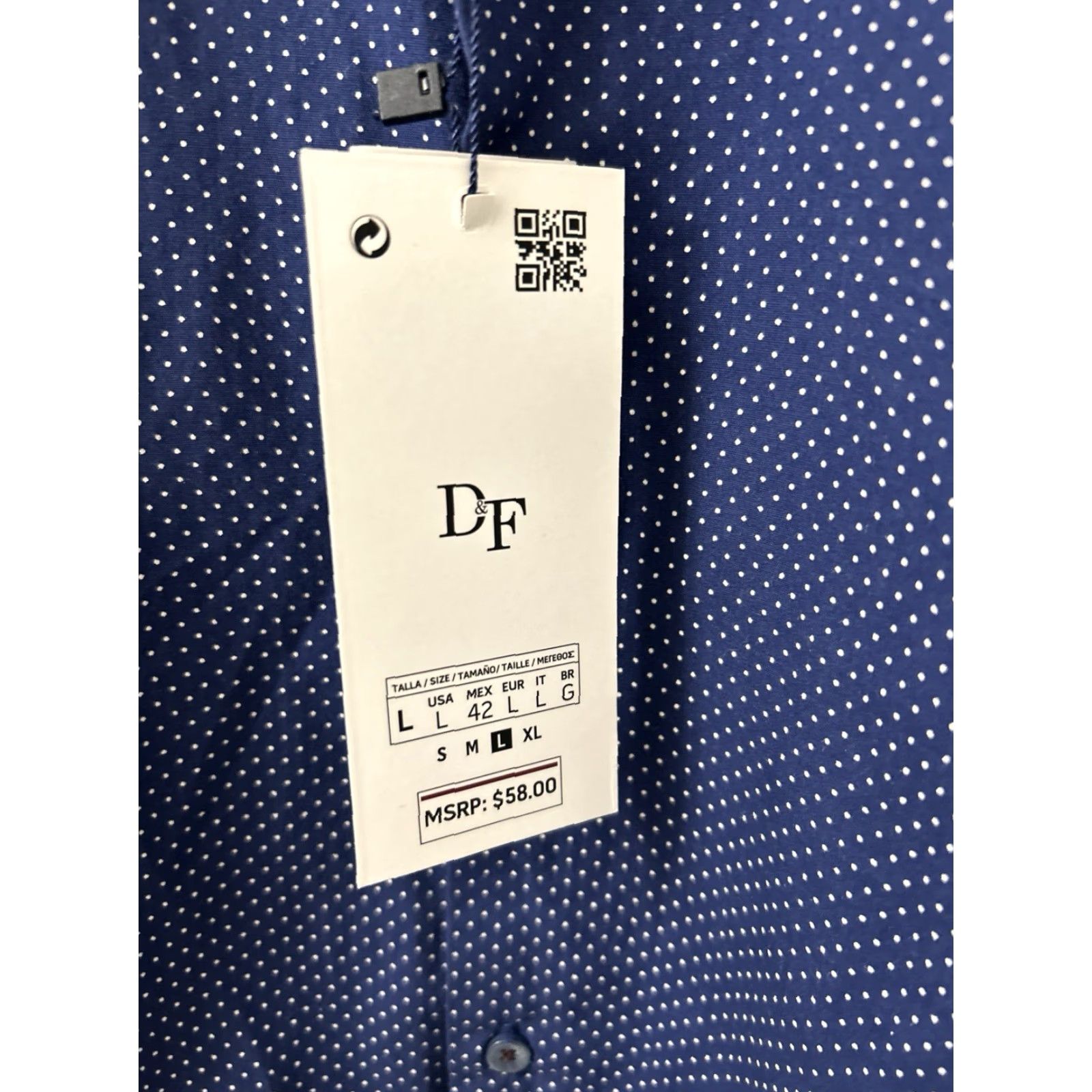 Denime DENIM & FLOWER Shirt Mens L Blue Polka Dot Poplin Button Down L/S Dress Shirt Slim Casual Professional Size US L / EU 52-54 / 3 - 5 Thumbnail