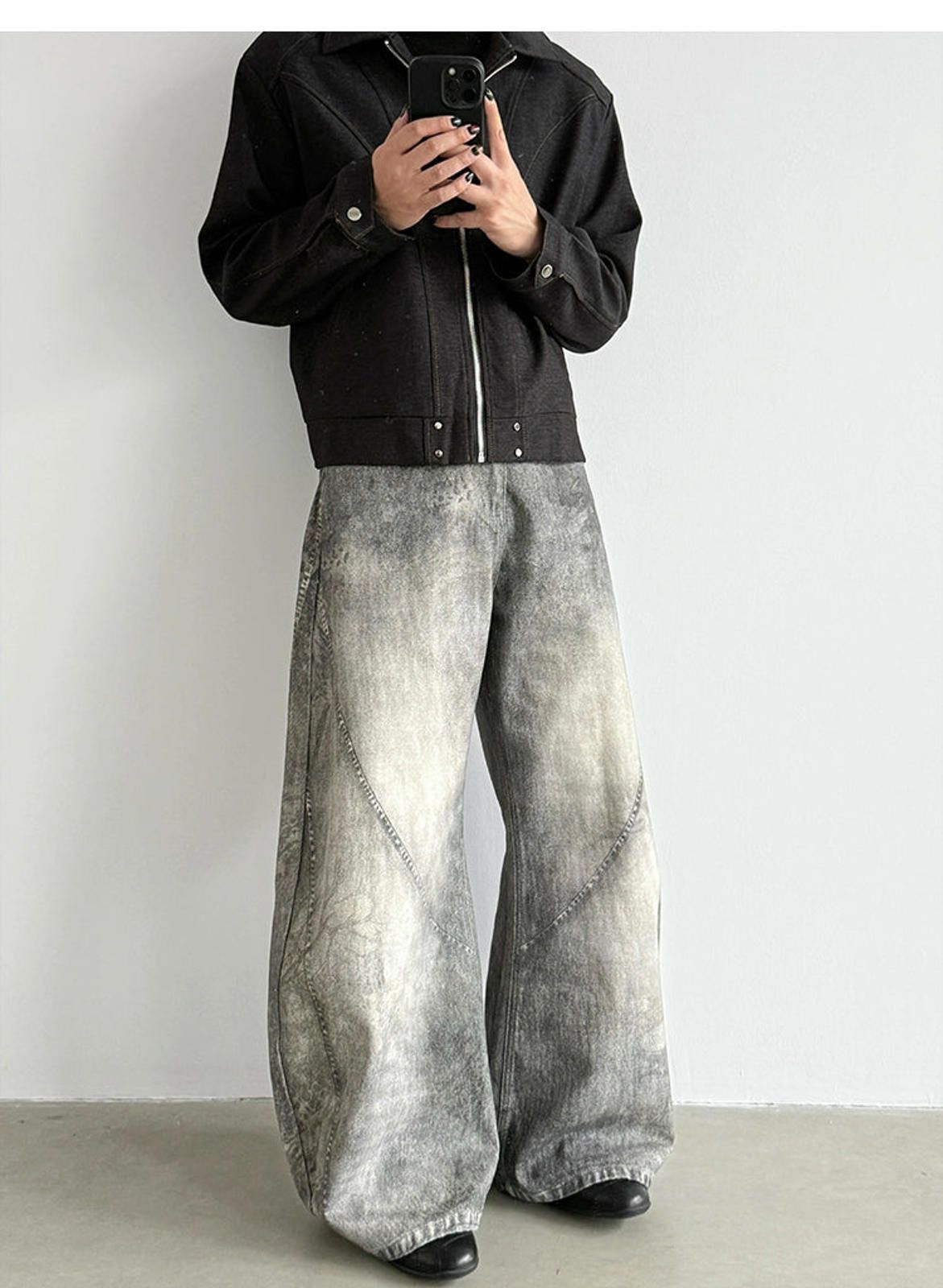 Vintage Grey Wide Leg Denim Jeans, 3D Printed Baggy Jeans Size US 30 / EU 46 - 2 Thumbnail