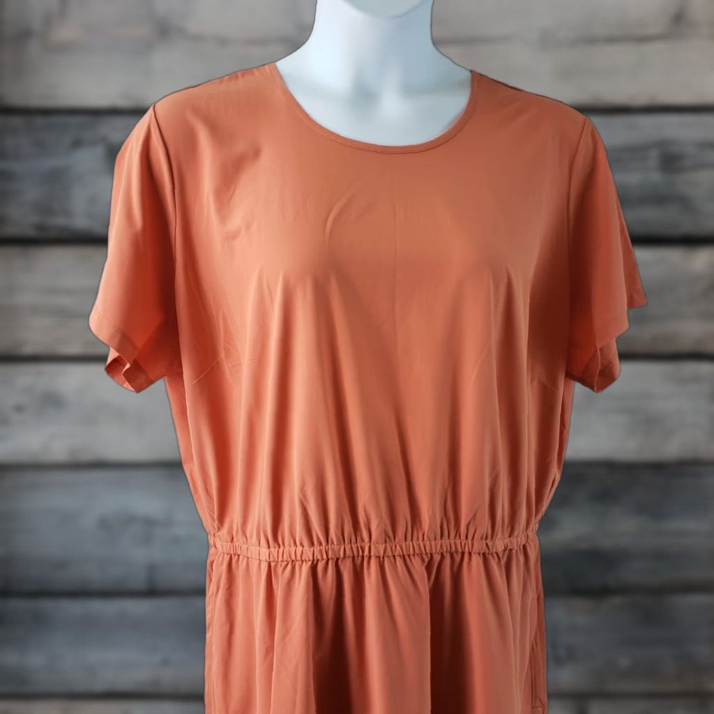 Vintage Duluth Womens Flexcellence Dress 1X Orange Short Sleeve Pockets A-Line Knee Length Satin Polyester Blend Pullover Casual Womens Size 40" / US 18 - 1 Thumbnail