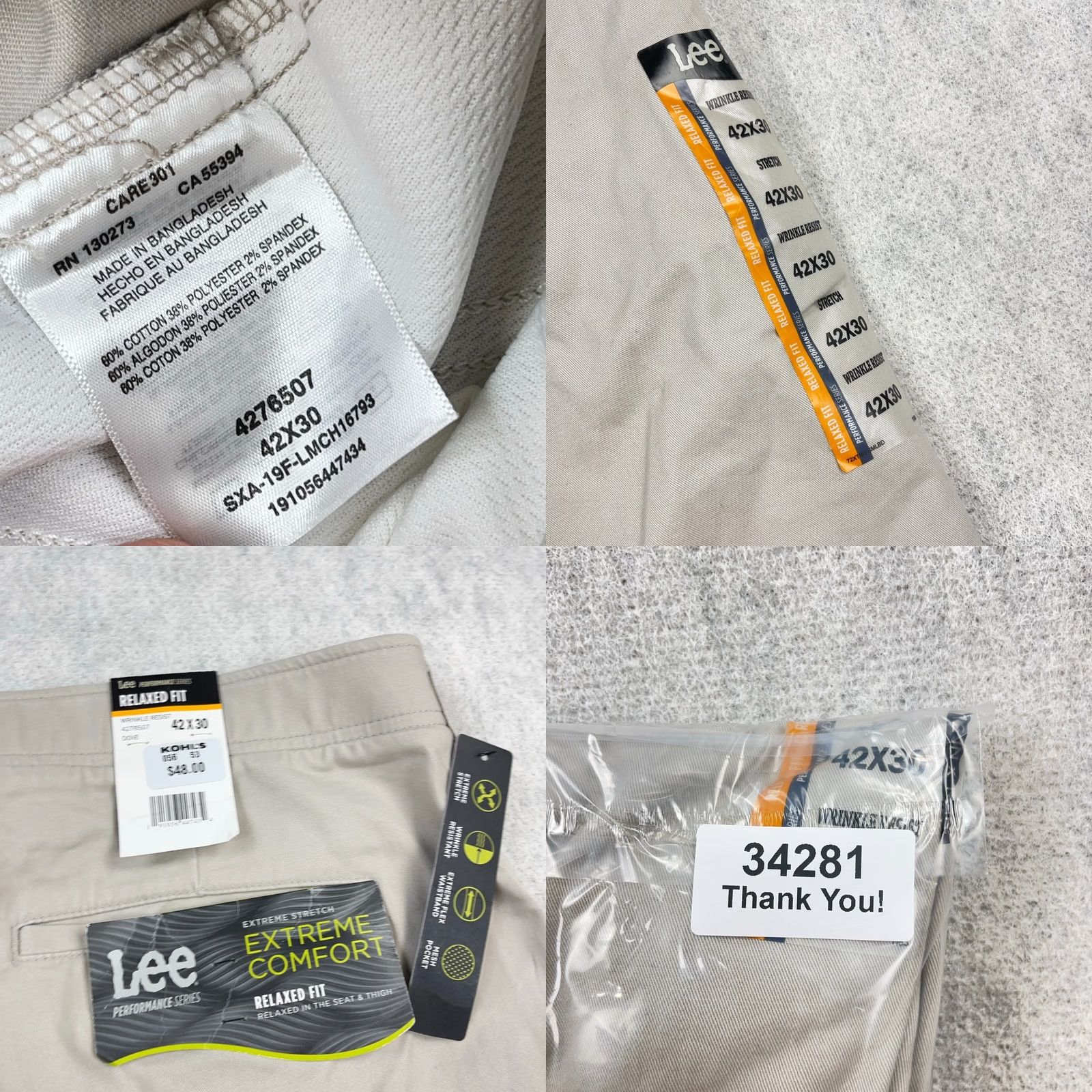Lee Lee Chino Pants Men Relaxed Fit Straight Leg 42x30 Beige Cotton Stretch 5-Pocket Front Flat Front Wide Range of Seasons Mens Size US 42 / EU 58 - 9 Thumbnail