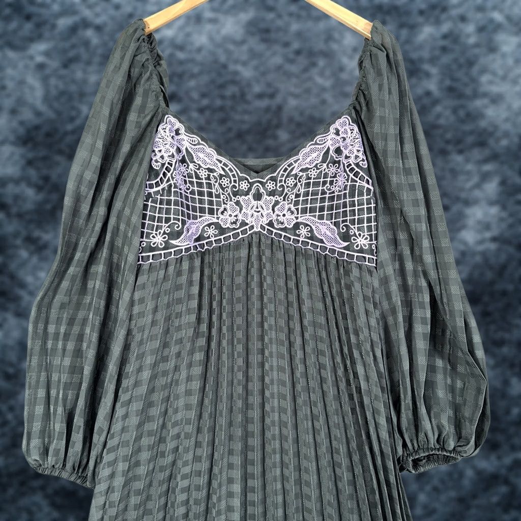 Asos ASOS Dress Womens 12 Gray Embroidered Pleated Lace Long Sleeve Fairy Coquette Whimsigoth Maxi Size XL / US 12-14 / IT 48-50 - 1 Thumbnail