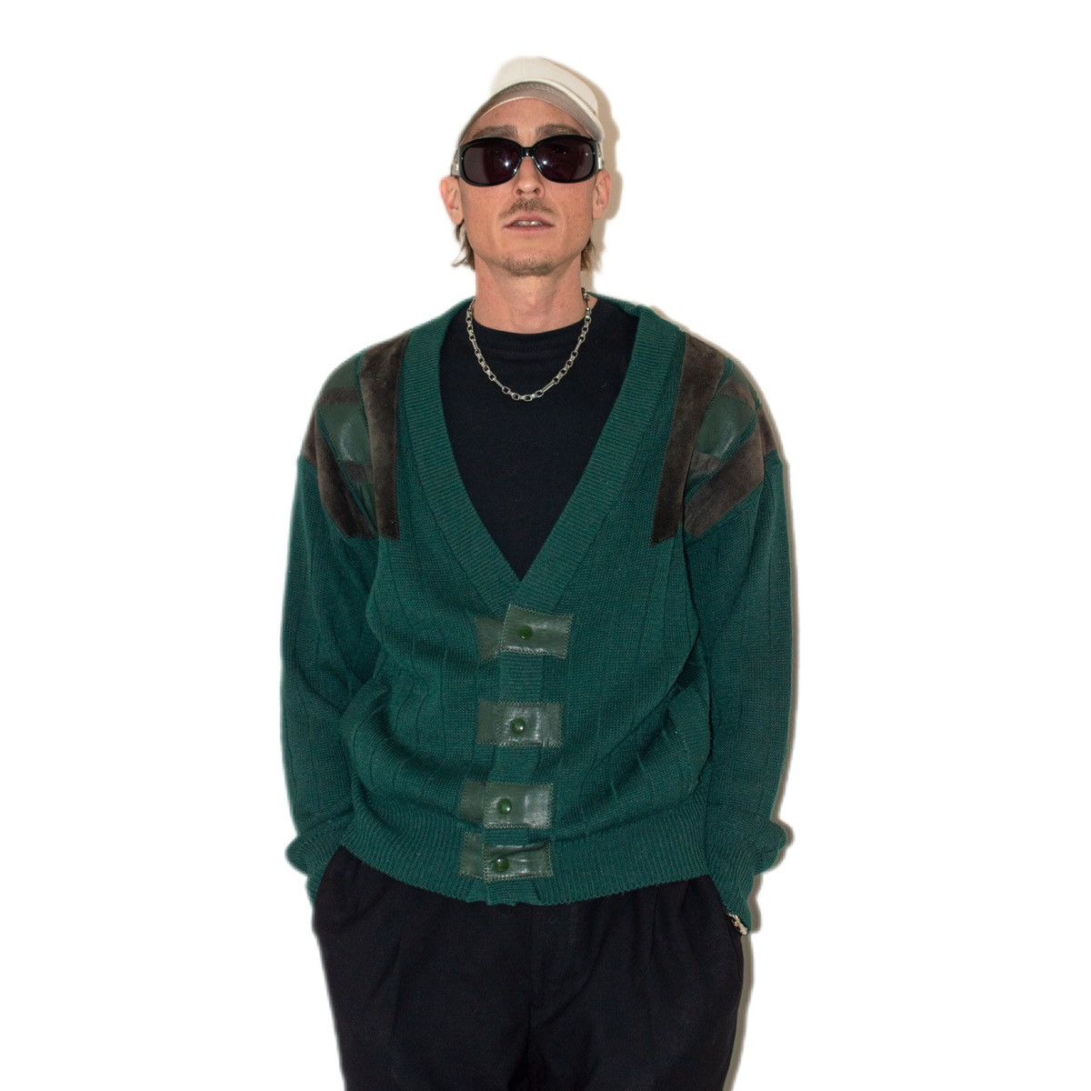Designer × Vintage Vintage 90s Dark Green faded Suede patch Chunky cardigan Size US M / EU 48-50 / 2 - 1 Thumbnail