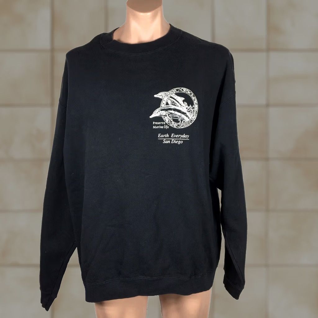 Delta VTG 90s Preserve Marine Life Earth Everyday San Diego Black Sweatshirt XL USA Delta Grunge Long Sleeve Cotton Blend Decorated Kid? Size US XL / EU 56 / 4 - 1 Thumbnail