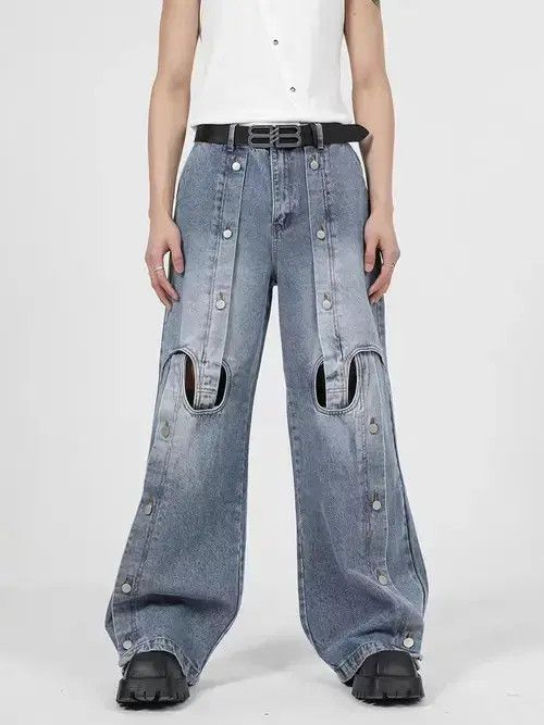 Japanese Brand Wide-leg jeans with heavy-duty hollow metal buttons Size US 32 / EU 48 - 1 Thumbnail
