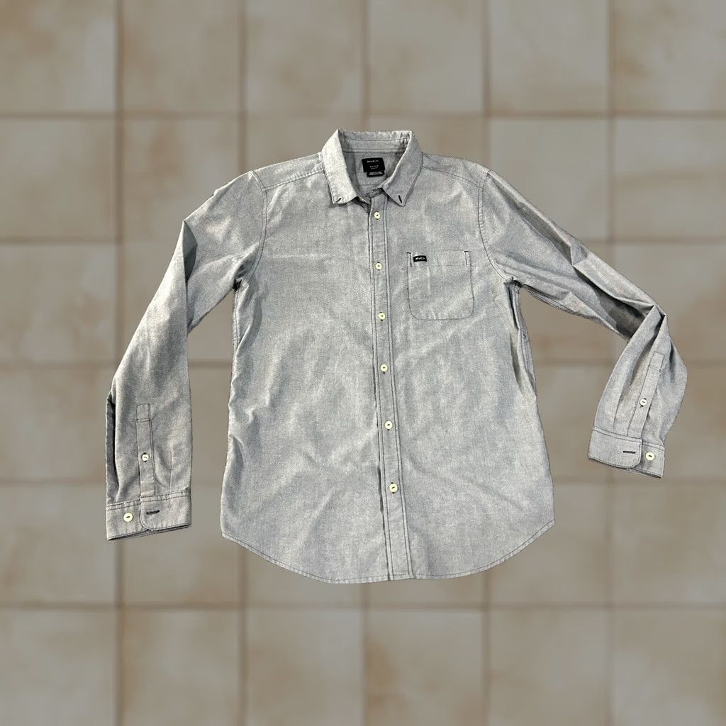 RVCA RVCA Button-Up Shirt Mens Medium Gray Chambray Slim Fit Casual Shirtmen Slim Button-Down Collar Pocketed Button-Up Casual Mens (No extra text) Size US M / EU 48-50 / 2 - 1 Thumbnail