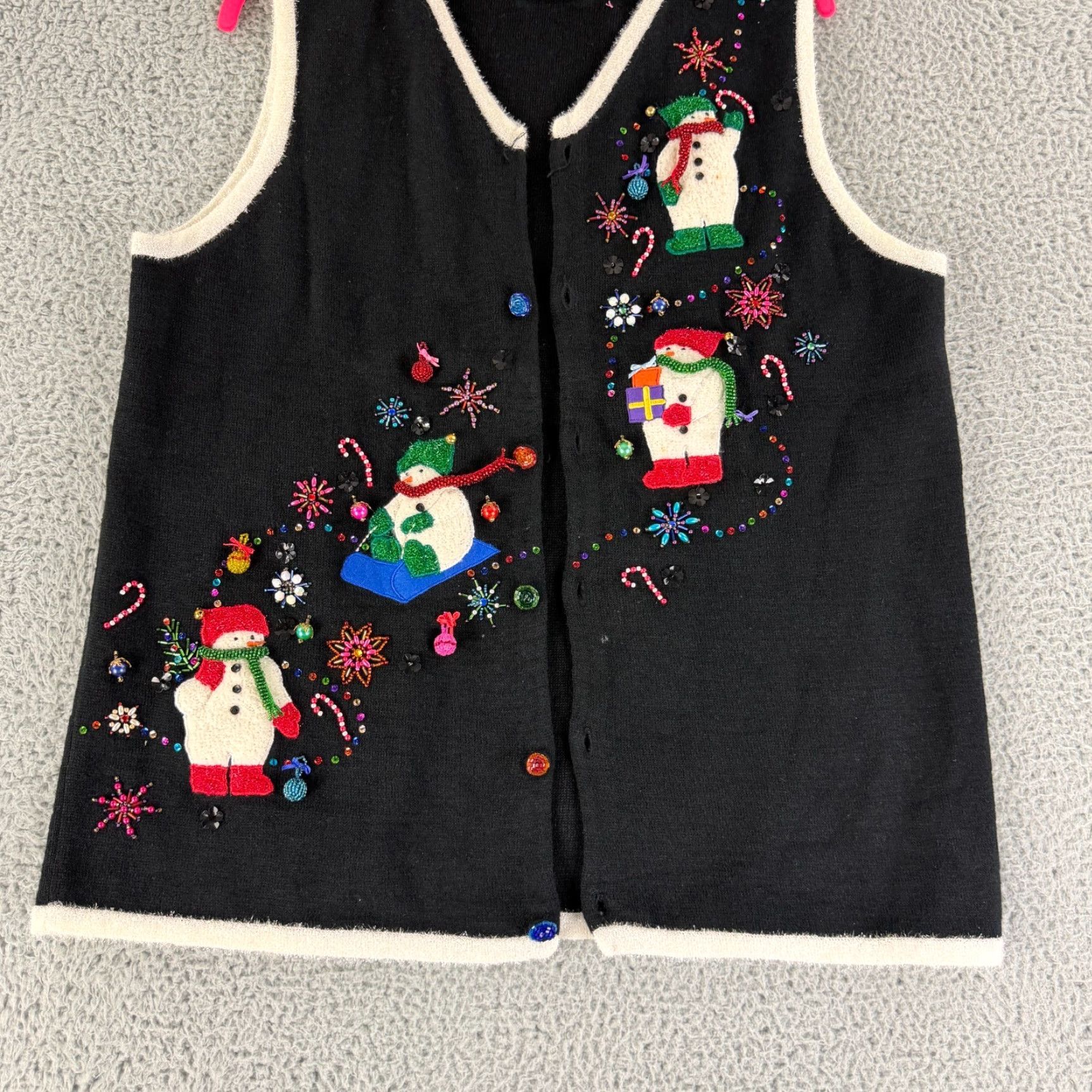 Quacker Factory Quacker Factory Sweater Vest Womens Large Black Christmas Snowman Beaded Knit Size L / US 10 / IT 46 - 6 Thumbnail