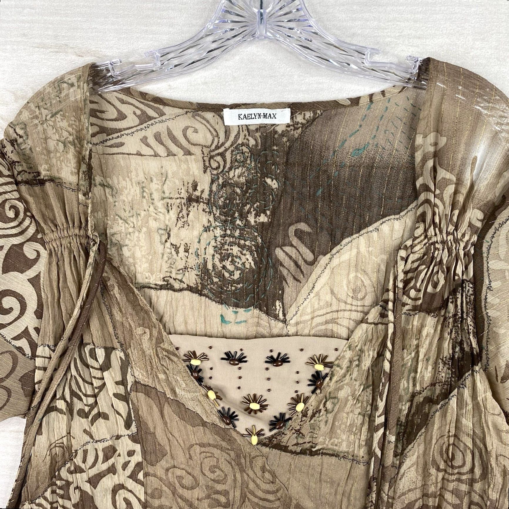 Vintage VINTAGE Kaelyn-Max Top Sz L Brown Crinkle Geometric Chiffon Square Neck Flared Sleeve 90s Womens Size L / US 10 / IT 46 - 2 Thumbnail