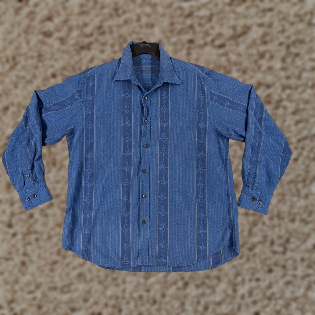 Tommy Bahama Tommy Bahama Shirt Men Large Blue Vertical Stripe Pineapple 100% Silk Button Up Size US L / EU 52-54 / 3 - 1 Thumbnail