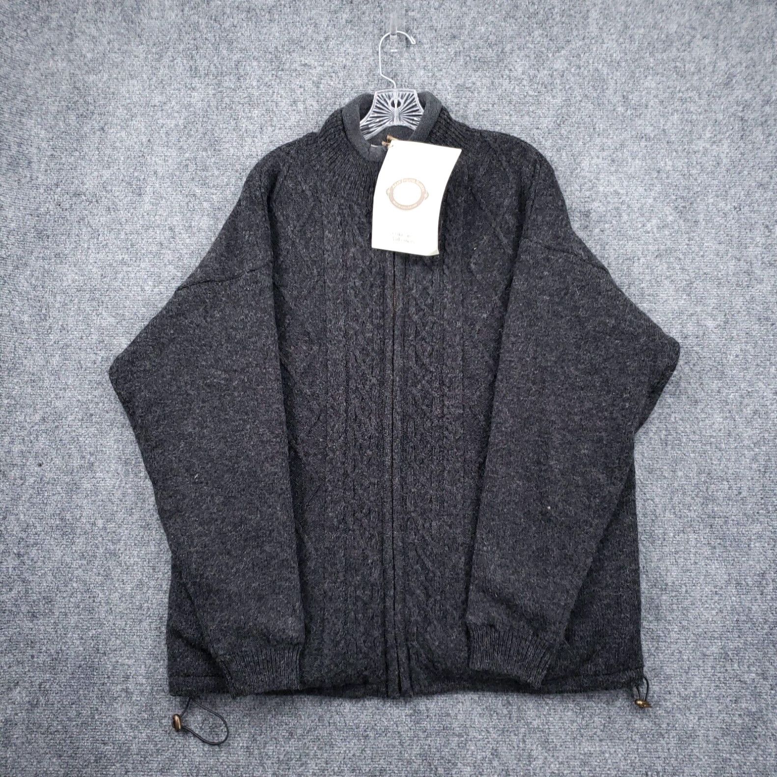 image of Aran Sweater Market Men XL Gray Lined Zipper Cardigan Wool Cable Knit Fisherman in White