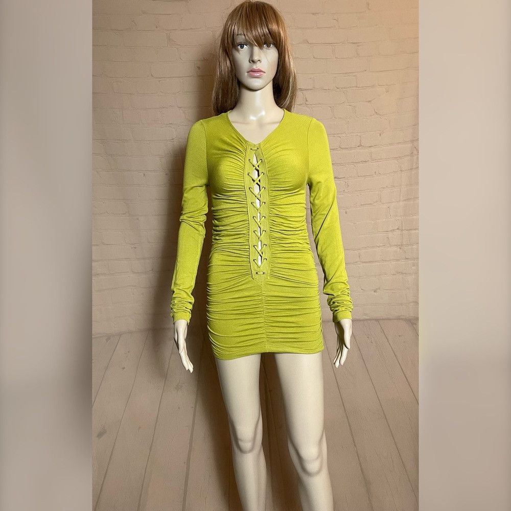 Free People New Free People Bella Lace-Up Long Sleeve Olive Tunic Dress Size XS / US 0-2 / IT 36-38 - 3 Thumbnail