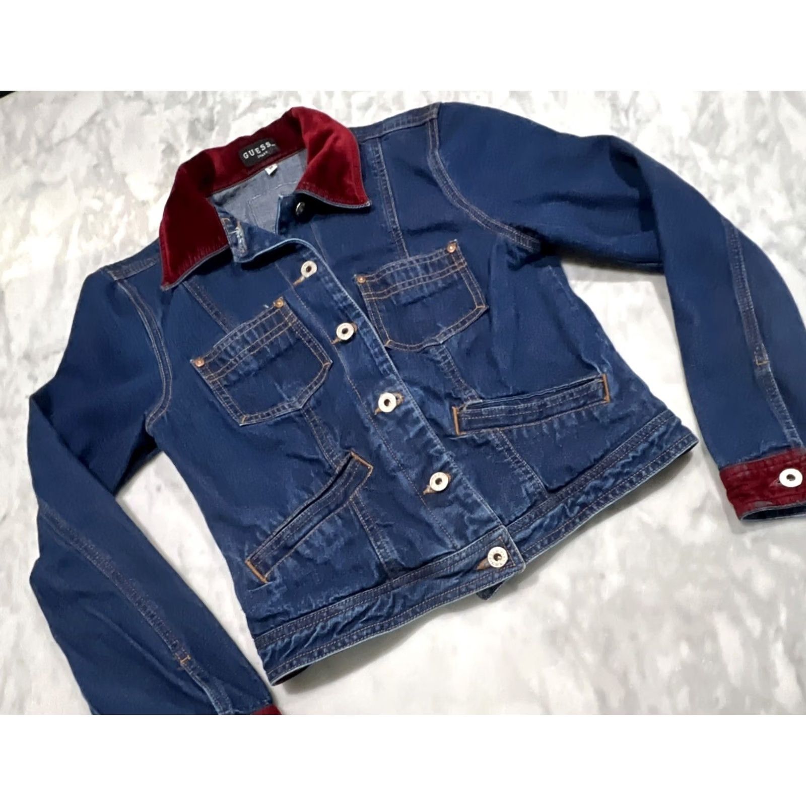 Guess VINTAGE Guess Glamour Denim Jacket Medium Red Velvet Trim Trucker USA Shirt Women's M 90s Biker Pockets Size M / US 6-8 / IT 42-44 - 2 Thumbnail