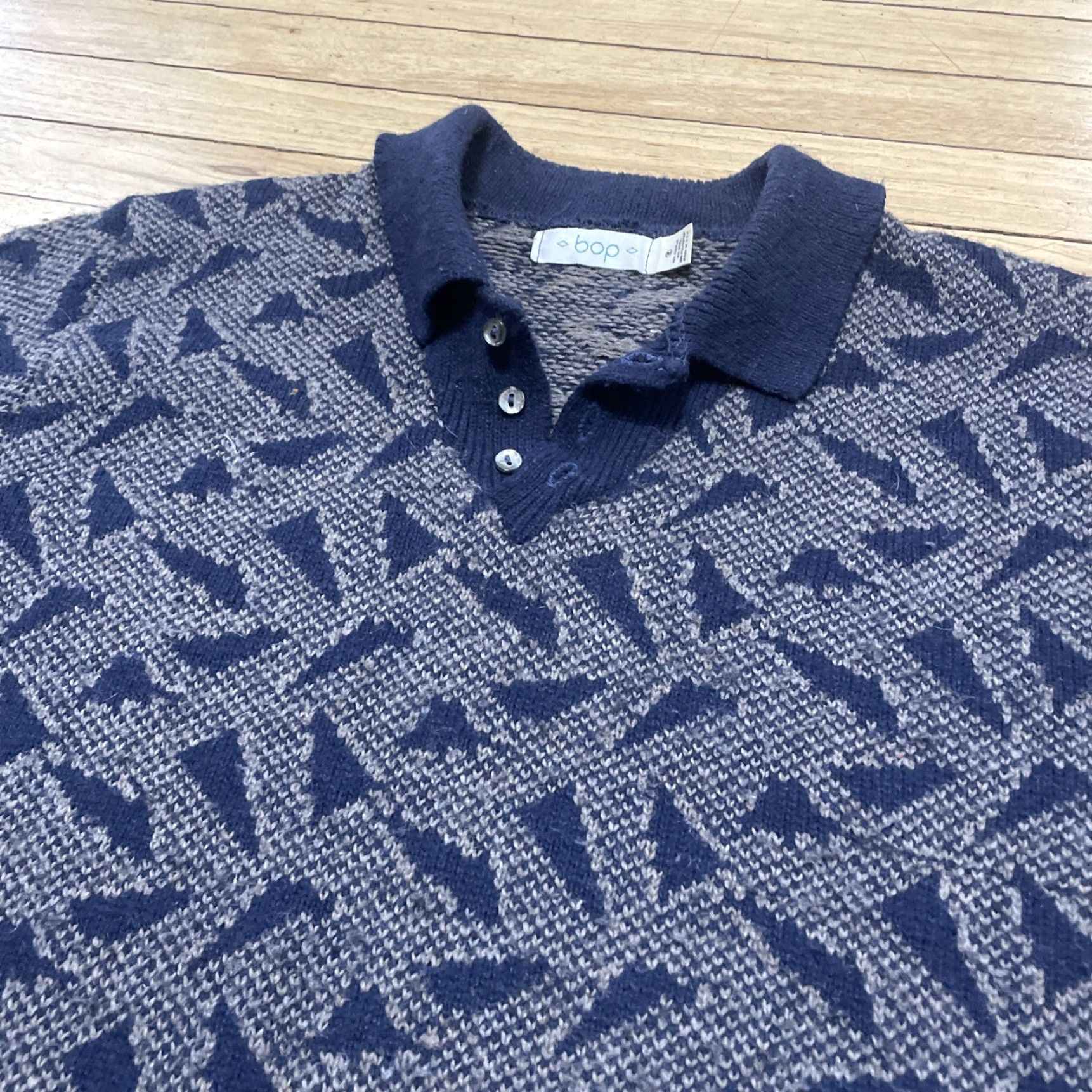 Vintage VINTAGE BOP Mens Sweater Geometric Wool Rugby Retro Pullover, M, Gray/Blue, Geometric, Wool, Vintage, Grunge, Classic Fit, Winter, Wool, Knit's? Size US M / EU 48-50 / 2 - 3 Thumbnail