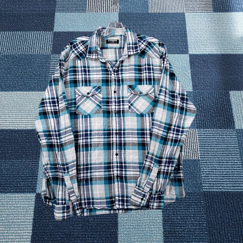 Express Express Mens XL Blue Plaid Button-Up Shirt Long Sleeves Casual Cotton Pockets Size US XL / EU 56 / 4 - 1 Thumbnail