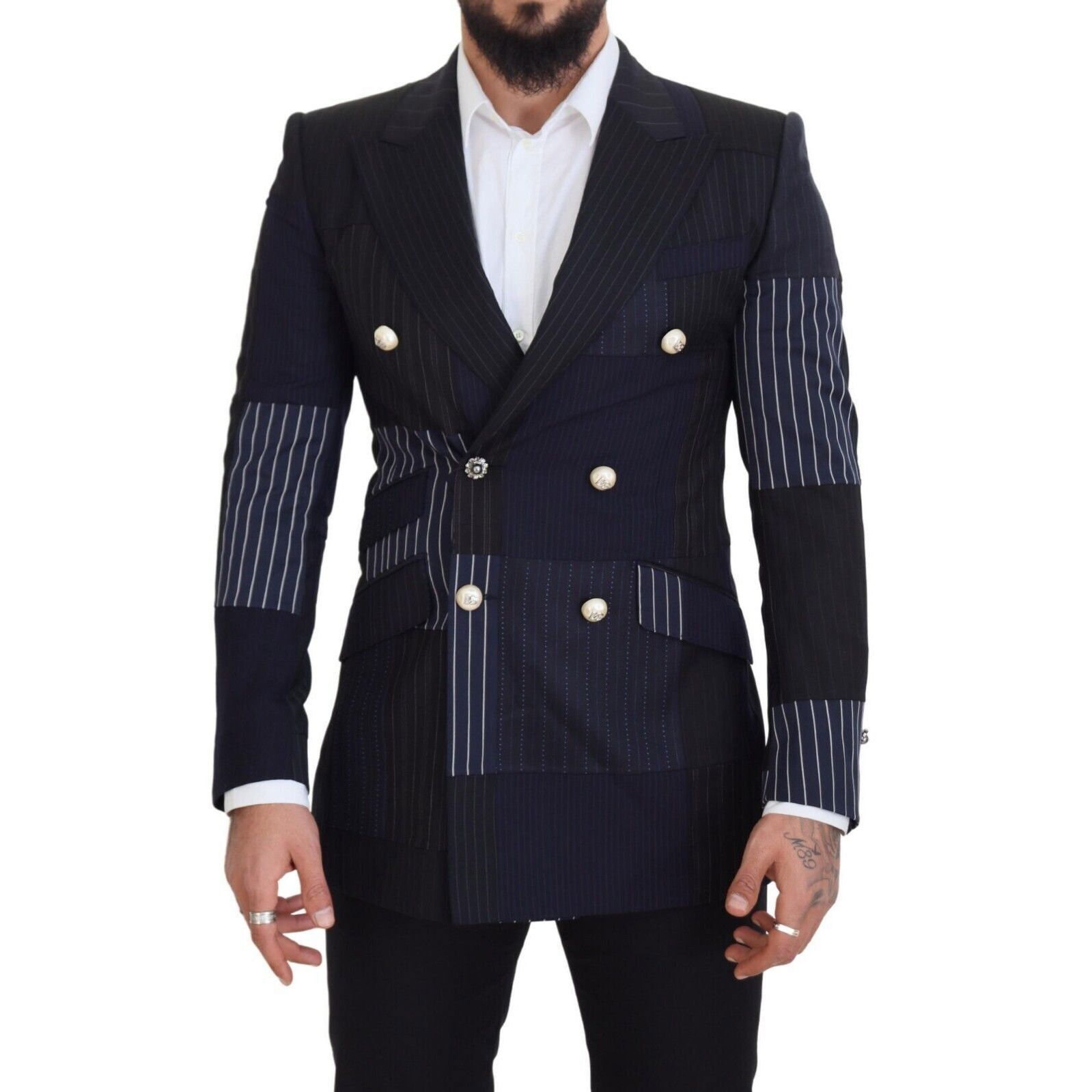 Dolce & Gabbana Dolce & Gabbana Blue Wool Patchwork Double Breasted Blazer Size 46S - 1 Thumbnail