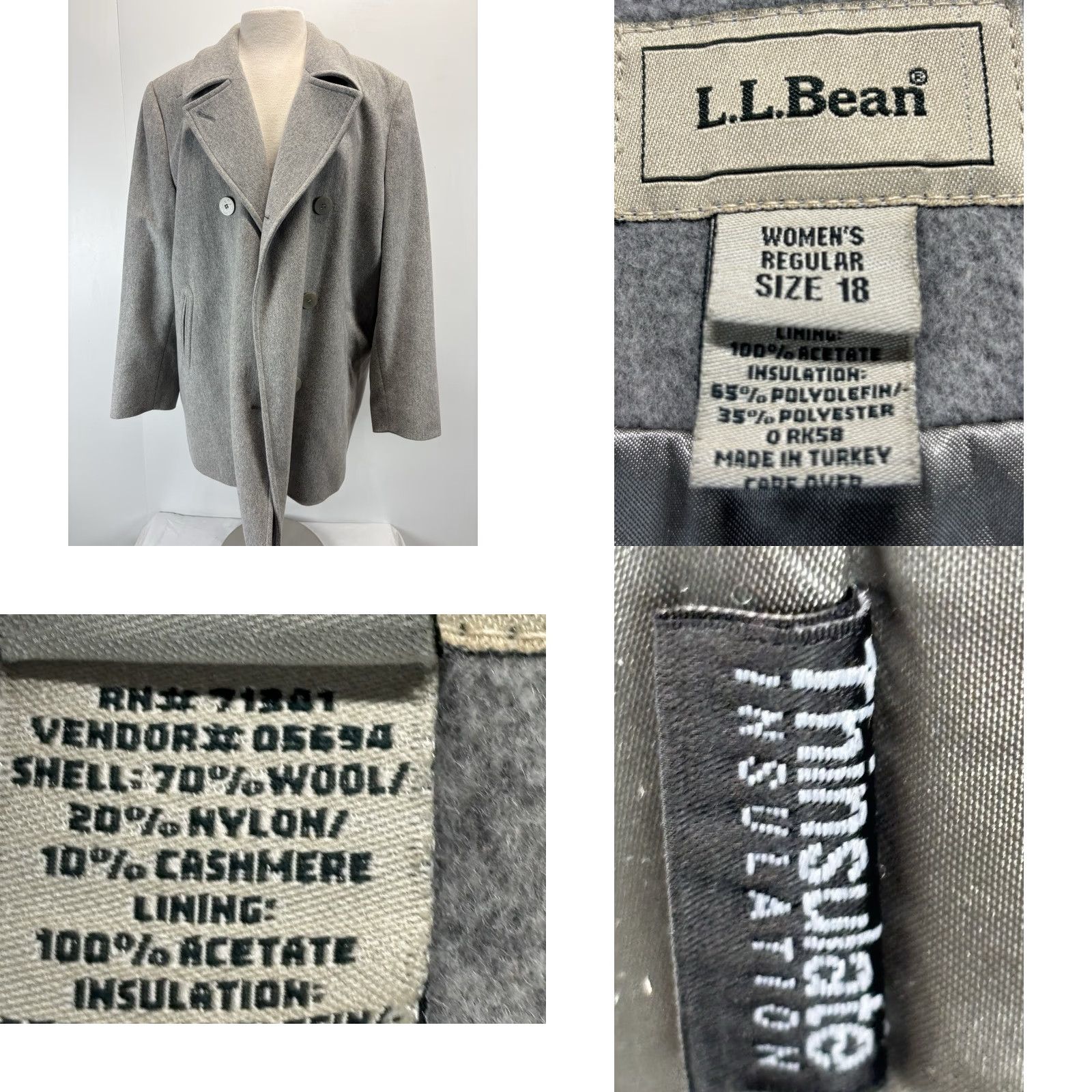 Vintage VINTAGE L.L. Bean Wool Pea Coat Plus Size 18 Women's Gray Lined Cashmere Business Casual Size XXL / US 16-18 / IT 52-54 - 8 Thumbnail