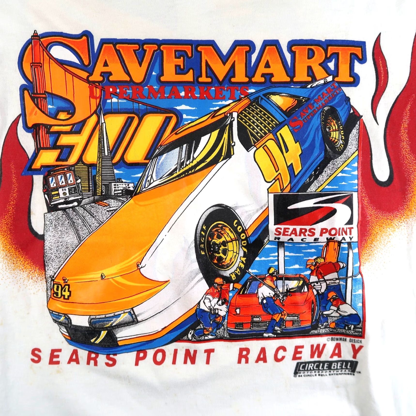 Fruit Of The Loom VINTAGE 1994 90s Flame Save Mart 300 T-Shirt Men XL White Circle Bell Nascar Graphic Print Size US XL / EU 56 / 4 - 3 Thumbnail