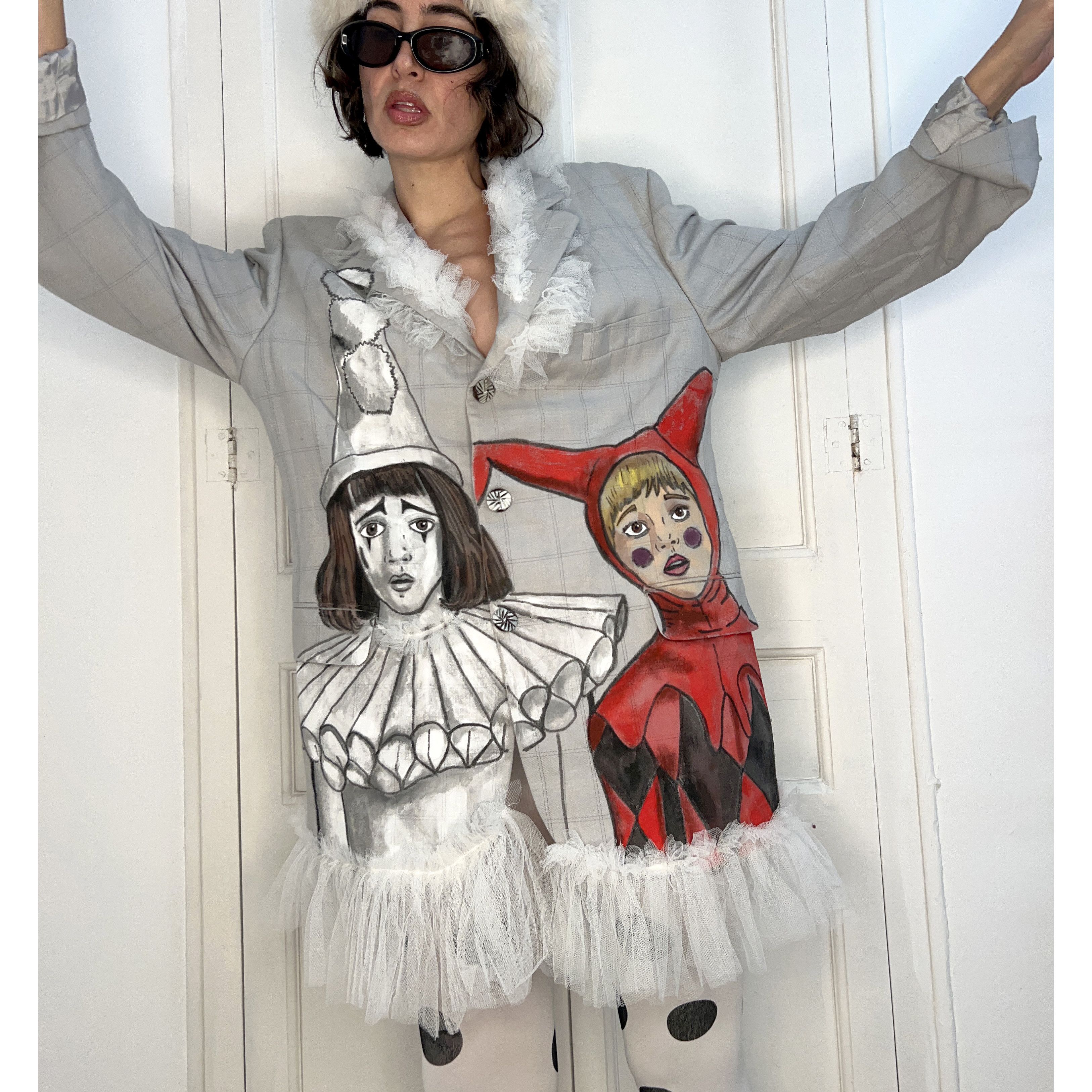 Custommade Hand-Painted Wool Harlequin Pierrot Blazer Size XL / US 12-14 / IT 48-50 - 7 Thumbnail