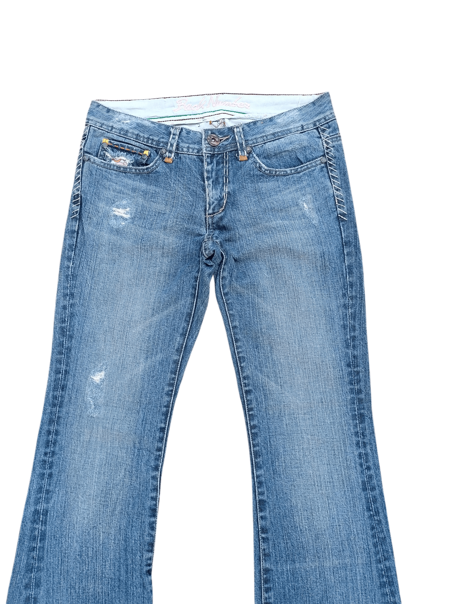 Japanese Brand FLARED ⚡️ Back Number Floral Distressed Faded Bootcut Denim Size US 30 / EU 46 - 4 Thumbnail