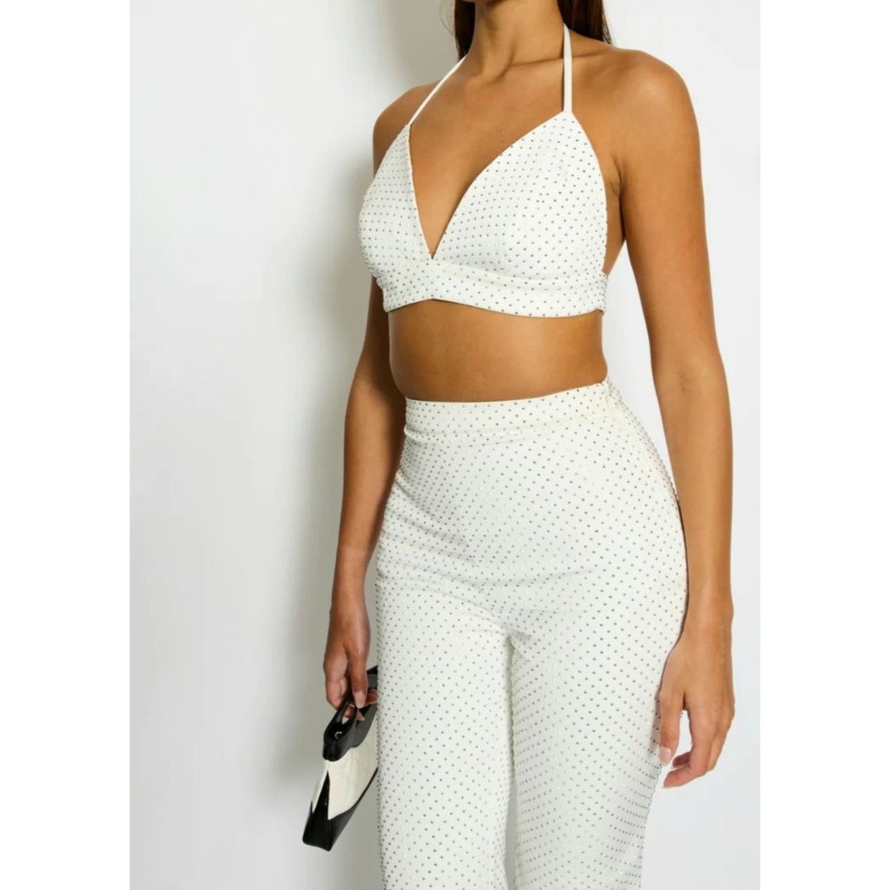 Other Nadine Merabi White Rhinestone Kira Two-Piece Set Top L Pant Size 36" / US 14 / IT 50 - 1 Thumbnail